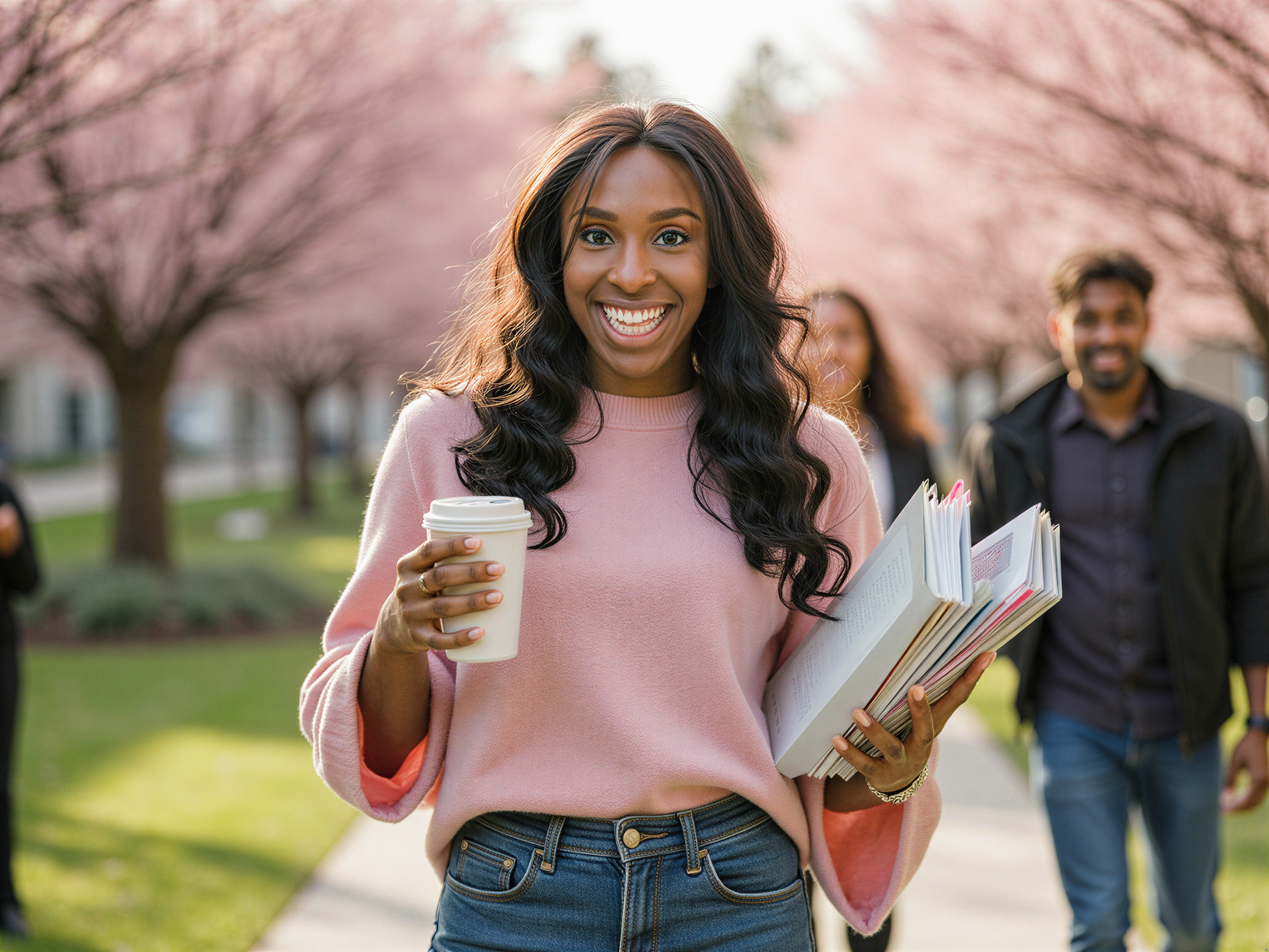 A joyful female student, OD62S, aged 28, radiating happiness on a vibrant university campus. She wears a chic oversized pastel pink sweater paired with high-waisted denim jeans and trendy sneakers, perfectly embodying casual campus style. Her long hair flows freely in soft waves, catching the sunlight. As she stands against a backdrop of blooming cherry blossom trees, she holds a stack of colorful textbooks in one hand and a steaming cup of coffee in the other, her laughter captured in a candid moment. The image is warm and inviting, celebrating the carefree spirit of student life, with soft, golden-hour lighting enhancing the cheerful ambiance.