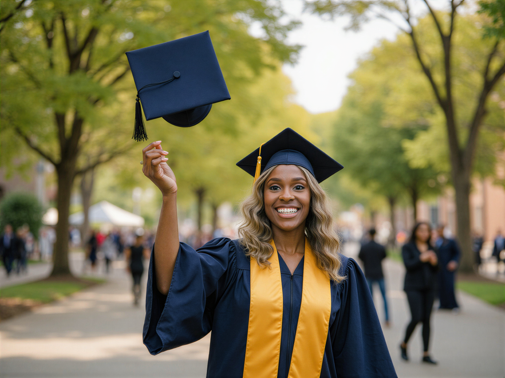 A joyful female individual, OD62S, aged 28, celebrating her graduation day. She wears a classic navy cap and gown adorned with a golden sash, symbolizing her academic achievements. Her bright smile radiates happiness, with her hair styled in soft waves cascading over her shoulders. Surrounded by a vibrant outdoor setting, picturesque trees and a festive atmosphere enhance her elation. The image captures her throwing her graduation cap into the air, embodying the spirit of accomplishment and new beginnings. The lighting is warm and inviting, creating a celebratory mood that emphasizes her triumph and excitement for the future.
