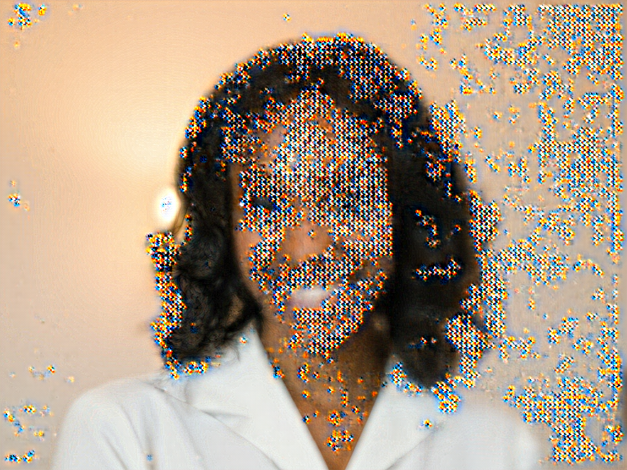 A vibrant and engaging headshot of a female individual, OD62S, aged 28. She beams with happiness, her bright smile showcasing perfectly aligned teeth, and her eyes glistening with joy. Her wavy, shoulder-length hair frames her face, effortlessly catching the light, enhancing her youthful glow. Wearing a simple yet elegant white blouse, the focus is entirely on her radiant expression. Soft, natural lighting creates a warm ambiance, capturing the essence of joy and approachability. The backdrop is a subtle gradient of soft peach and cream, further emphasizing her cheerful demeanor.