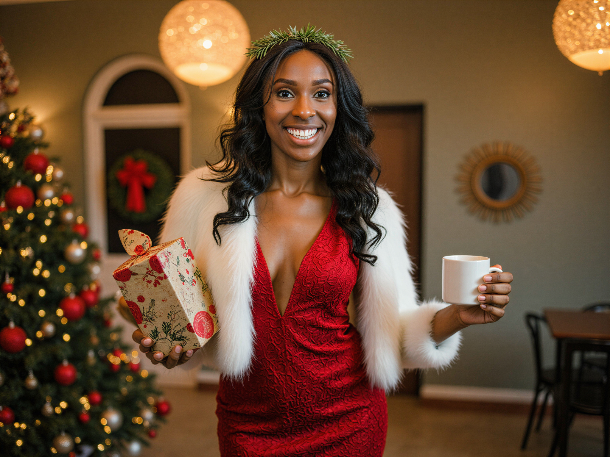 A joyful female figure, OD62S, aged 28, embodying the cheerful spirit of Christmas. She stands in a warmly-lit room adorned with twinkling fairy lights and vibrant decorations. Dressed in an elegant red velvet dress with intricate lace details, her outfit is complemented by a cozy white faux fur stole. Her hair falls in soft waves, adorned with a festive gold headband featuring holly. With a beaming smile and sparkling eyes, she holds a beautifully wrapped present in one hand and a festive mug of hot cocoa in the other. The atmosphere radiates warmth and holiday joy, capturing this magical season in a stunning editorial style.