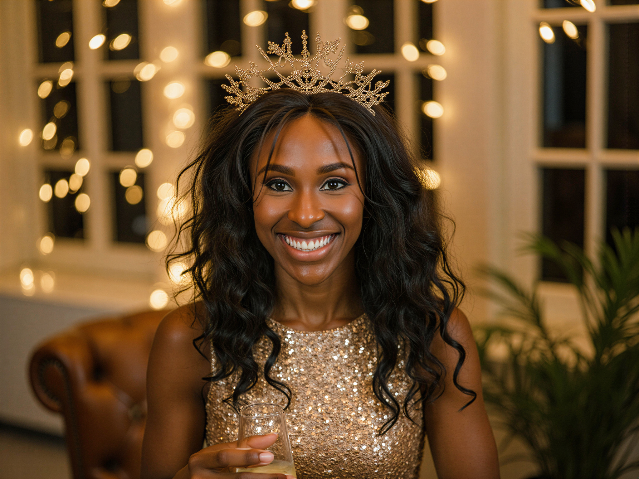 A joyful female individual, OD62S, aged 28, radiates holiday cheer against a backdrop of twinkling fairy lights in a cozy, festively decorated room. She wears a shimmering gold sequin dress that reflects the warm glow of the lights, embodying the spirit of celebration. Her hair cascades in soft waves around her shoulders, adorned with a delicate floral crown. With a radiant smile and sparkling eyes, she holds a glass of champagne, capturing the essence of holiday merriment. The composition uses soft, warm lighting to enhance the cheerful mood, inviting viewers into a scene of happiness and festive joy.