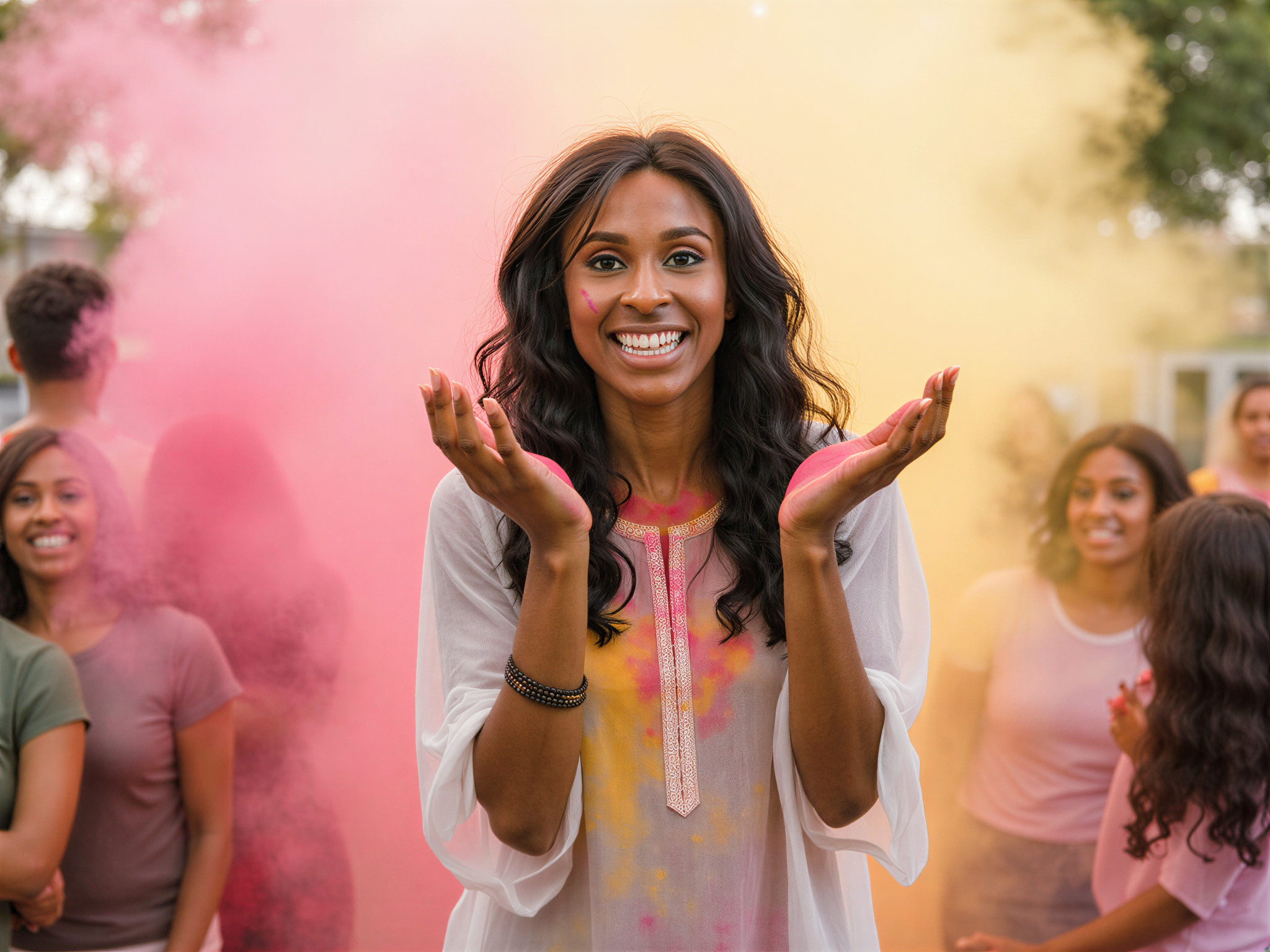 A vibrant outdoor portrait of a joyful female, OD62S, aged 28, celebrating Holi. She is adorned in a brightly colored, lightweight white kurta splashed with hues of pink, yellow, and green powders, embodying the spirit of the festival. Her face is radiant, smeared with various colors, and her laughter shines as she playfully flings orange and pink powdered paint into the air. The background features an ethereal explosion of color, with other festival-goers celebrating joyously amongst clouds of vibrant powders. The lighting is bright and cheerful, casting an inviting glow that enhances the festive atmosphere and captures the essence of joy and celebration.