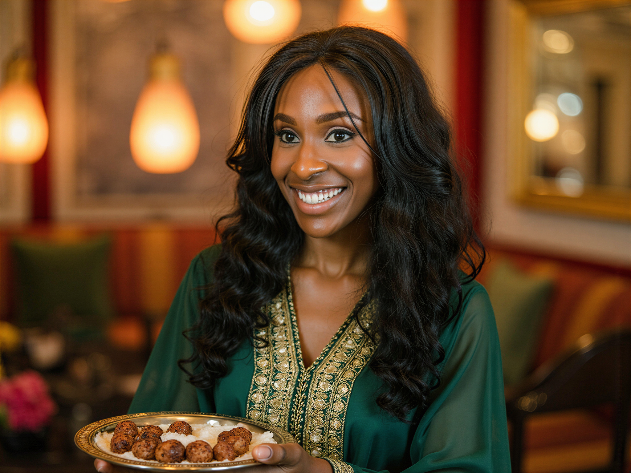 A joyful female, OD62S, aged 28, celebrating Ramadan in a vibrant and culturally rich setting. She wears an elegant, floor-length kaftan adorned with intricate gold embroidery and delicate beadwork, in shades of deep emerald green and warm gold. Her hair cascades in soft waves, adorned with a decorative headpiece that captures the festive spirit. She is surrounded by beautifully lit lanterns and colorful textiles, encapsulating the warmth of the occasion. Her expression is radiant, conveying happiness and a sense of community, as she holds a traditional iftar platter filled with dates and sweets. The scene is softly illuminated, enhancing the mood of celebration and serenity, creating a captivating visual narrative perfect for a lifestyle editorial.