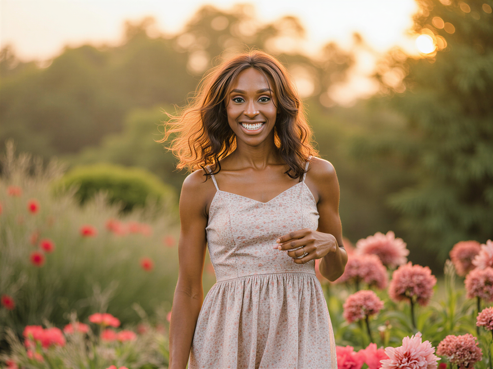A vibrant, joyful female figure, OD62S, aged 28, captured in a lively Instagram-style portrait. She stands in a sun-drenched outdoor setting adorned with blooming flowers, wearing a playful pastel-colored floral sundress that billows gently in the breeze. Her hair flows in loose waves, illuminated by the golden hour light that casts a warm glow on her radiant smile. The composition features a soft bokeh background, enhancing the cheerful mood. She joyfully interacts with her environment, perhaps holding a flower or playfully twirling, embodying an infectious happiness that invites viewers to share in the moment.