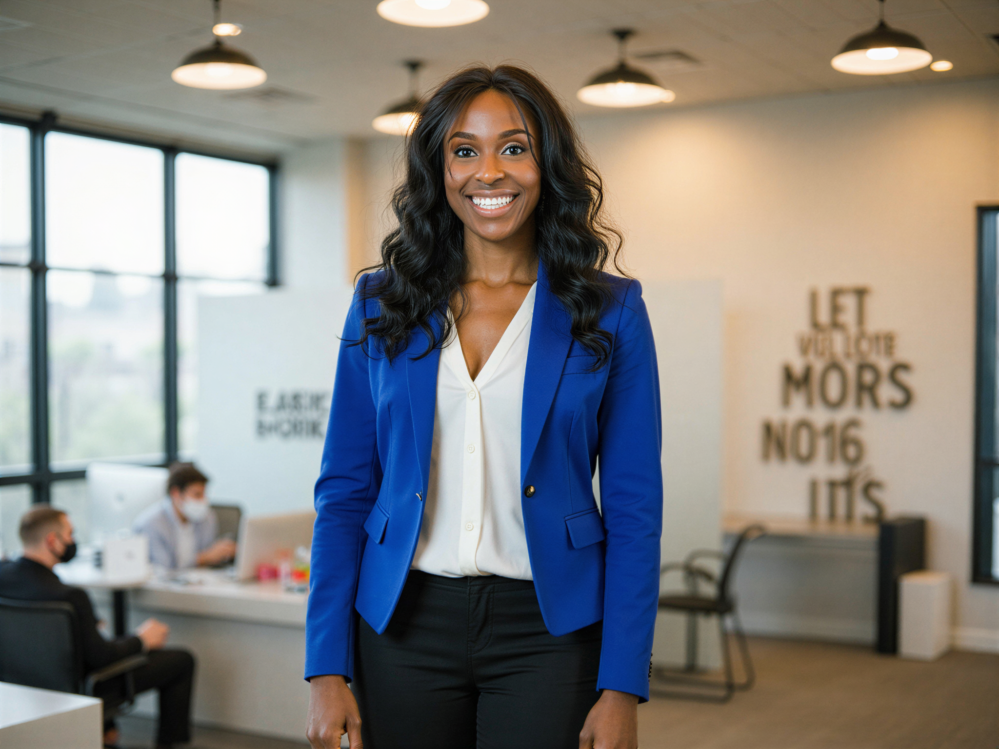 A 28-year-old female professional, OD62S, captured in a bright and lively office setting, exuding a happy demeanor. She wears a tailored, vibrant blue blazer over a crisp white blouse, paired with stylish black trousers. Her hair is in soft waves, cascading over her shoulders, and her makeup is fresh and natural, highlighting her radiant smile. The background features modern office decor, with inspiring quotes on the walls and a large window letting in warm, natural light. The image embodies a sense of optimism and confidence, perfect for a LinkedIn profile, with her body language open and approachable, reflecting a professional yet joyful mood.