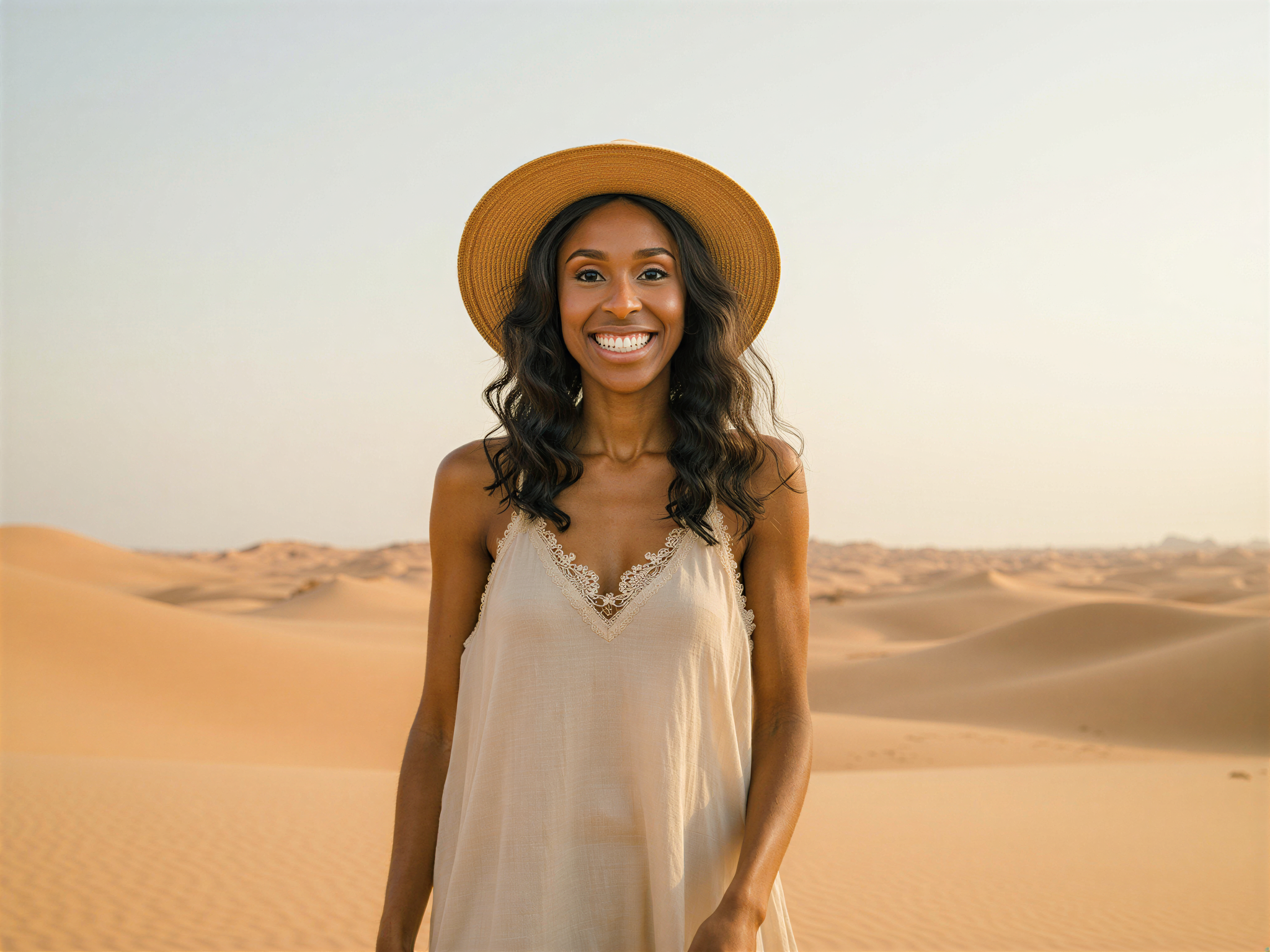 A radiant female figure, OD62S, aged 28, embodies joy as she stands in a vast, sun-kissed desert landscape. She wears a flowing, lightweight linen dress in a soft cream, adorned with delicate lace details that flutter gently in the warm breeze. Her hair is styled in effortless beach waves, cascading over her shoulders, and a wide-brimmed straw hat shields her eyes from the bright sun. The ambient golden hour light casts a warm glow on her skin, emphasizing her beaming smile and expressive eyes, capturing the essence of happiness. The expansive sand dunes create a harmonious backdrop, accentuating her carefree spirit in this serene, idyllic setting, evocative of a fashion editorial shoot. The overall mood is one of blissful freedom and connection with nature, presenting an ethereal desert dreamscape.