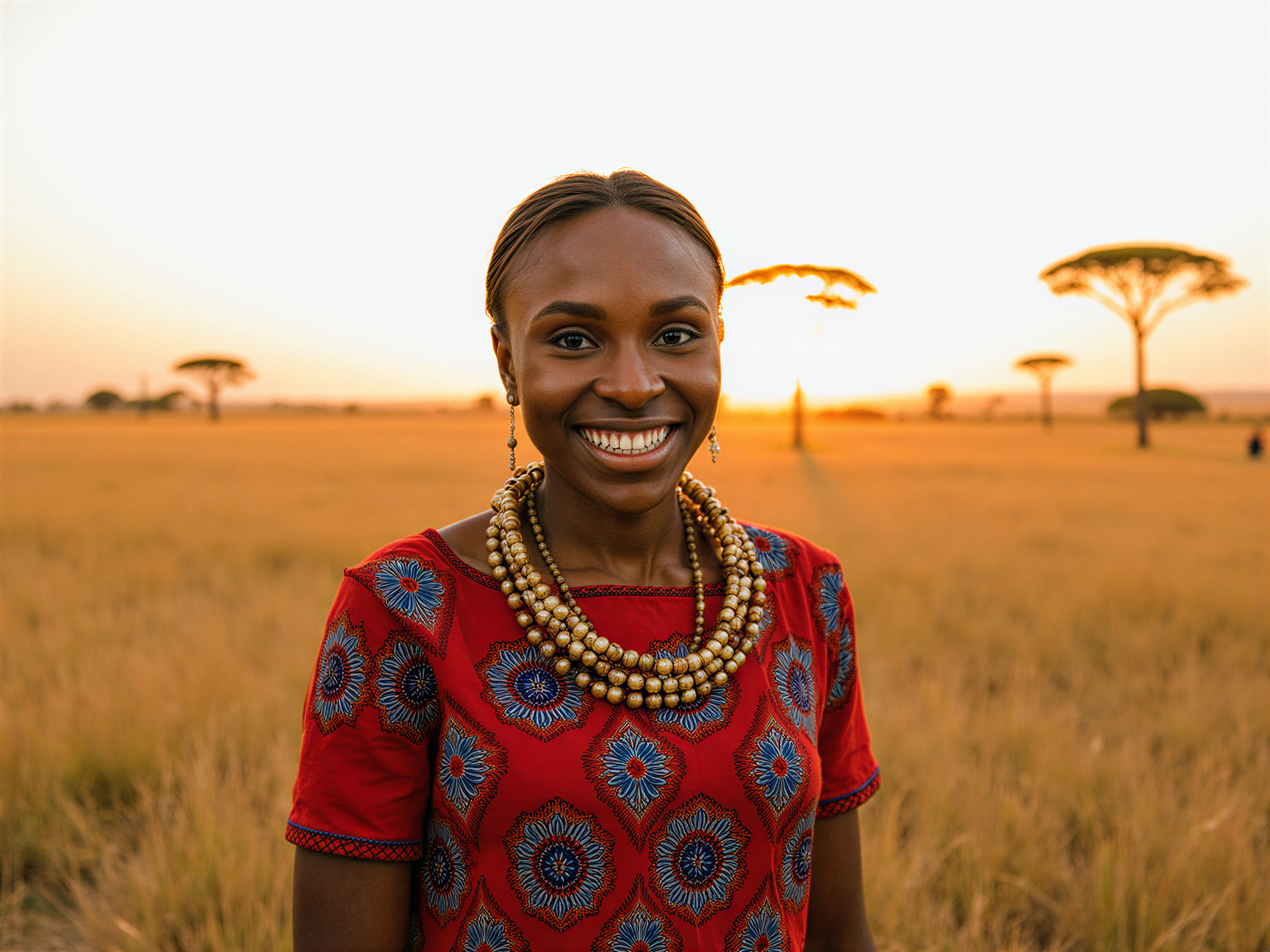 A vibrant and joyful female subject, OD62S, aged 28, immersed in the breathtaking landscape of the Maasai Mara. She stands amidst the golden savannah, adorned in a traditional Maasai shuka—a bright red and blue garment embroidered with intricate beadwork that reflects the rich cultural heritage of the Maasai people. Her joyful smile radiates warmth, embodying the spirit of connection to the land and its people. The setting sun casts a warm, golden glow, enhancing the earthy tones of the grass and her attire, while acacia trees dot the horizon. The photograph captures the essence of happiness, freedom, and cultural pride in a stunning natural environment, creating a striking editorial moment.