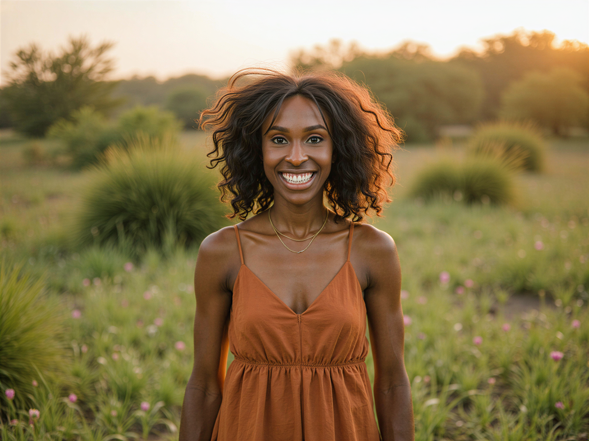 A 28-year-old female subject, OD62S, radiates joy as she explores the breathtaking Okavango Delta. She wears a flowing, earthy-toned maxi dress made of lightweight linen, perfectly complementing the lush greenery and tranquil waterways surrounding her. Her sun-kissed skin glows with natural beauty, accentuated by delicate gold jewelry that catches the sunlight. Standing amidst vibrant lilies, she throws her head back and laughs joyfully, her curly hair dancing in the gentle breeze. The golden hour light envelops her in a warm embrace, casting ethereal shadows that highlight the vibrant colors of the delta landscape. This image captures the essence of happiness, freedom, and the serene beauty of nature, creating a stunning editorial moment worthy of a fashion spread.