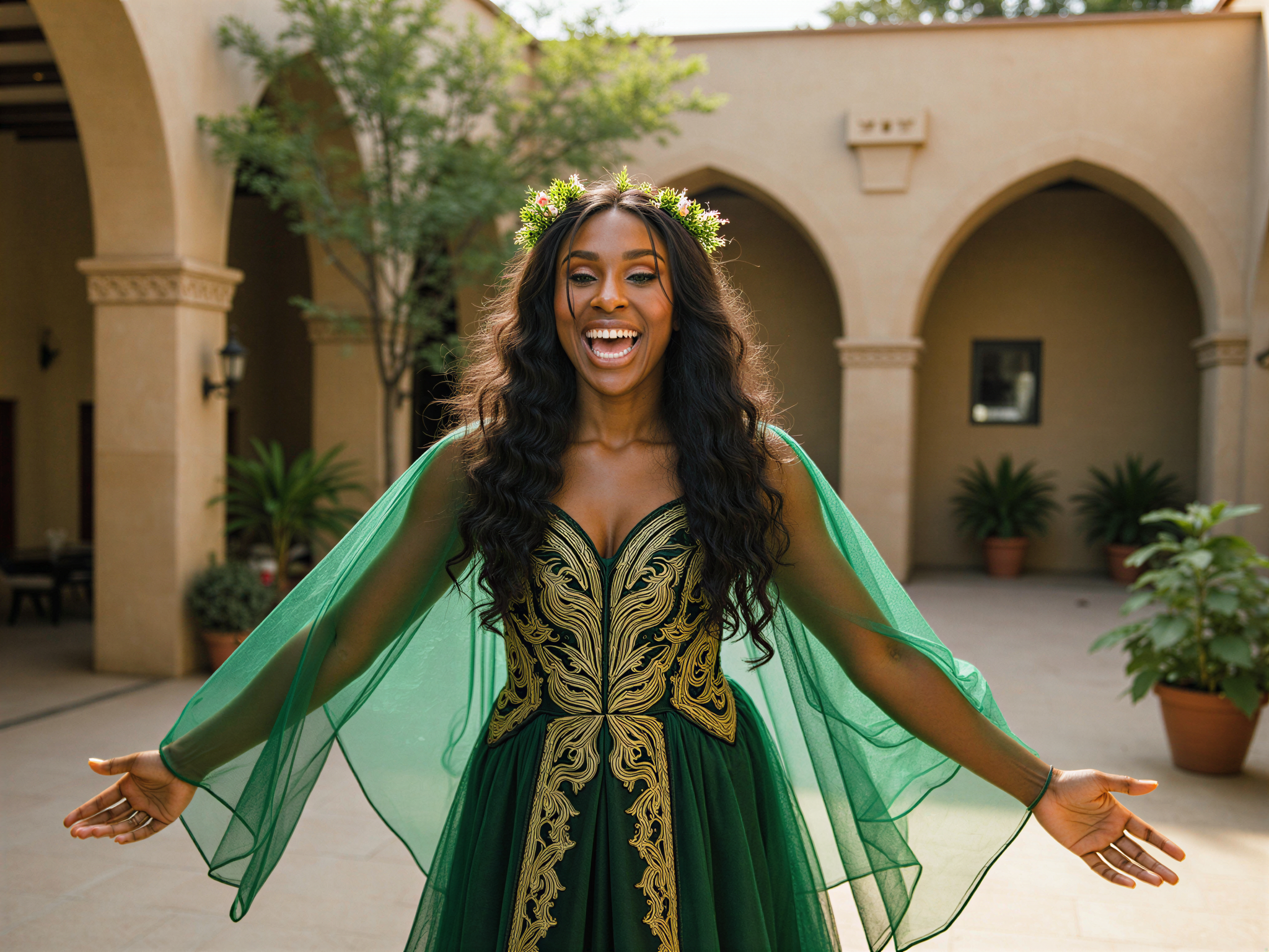 A joyful female figure, OD62S, aged 28, embodying the spirit of Medieval Times in a vibrant, enchanting setting. She is wearing a richly embroidered gown in deep emerald green and gold, with flowing sleeves that create an ethereal silhouette. Her hair is styled in intricate braids adorned with wildflowers, and she wears a delicate crown of ivy. The atmosphere is filled with warmth and laughter, as she stands in a sun-drenched courtyard surrounded by stone arches and lush greenery. Her arms are outstretched, exuding happiness and freedom, captured in soft, golden-hour lighting that enhances her radiant smile and the richness of her attire.