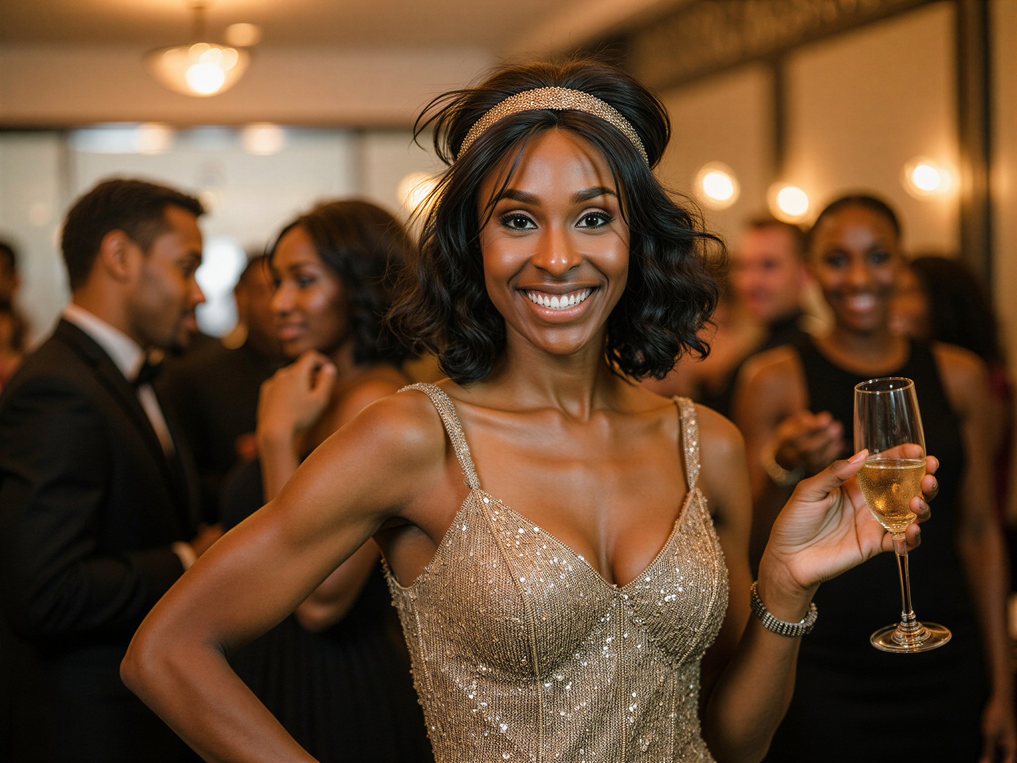 A joyful female figure, OD62S, aged 28, embodies the exuberance of the Roaring Twenties. She wears an intricate flapper dress adorned with sequins and fringe that sparkles under soft, ambient lighting. Her hairstyle is a chic bob, accented with a vintage feathered headband, framing her radiant smile and bright, expressive eyes. She poses with one hand playfully on her hip and the other holding a champagne glass, set against a backdrop of a lavish Gatsby-inspired party scene with art deco elements, capturing the essence of celebration and freedom of the era. The atmosphere is lively and vibrant, evoking a sense of carefree joy and elegance.