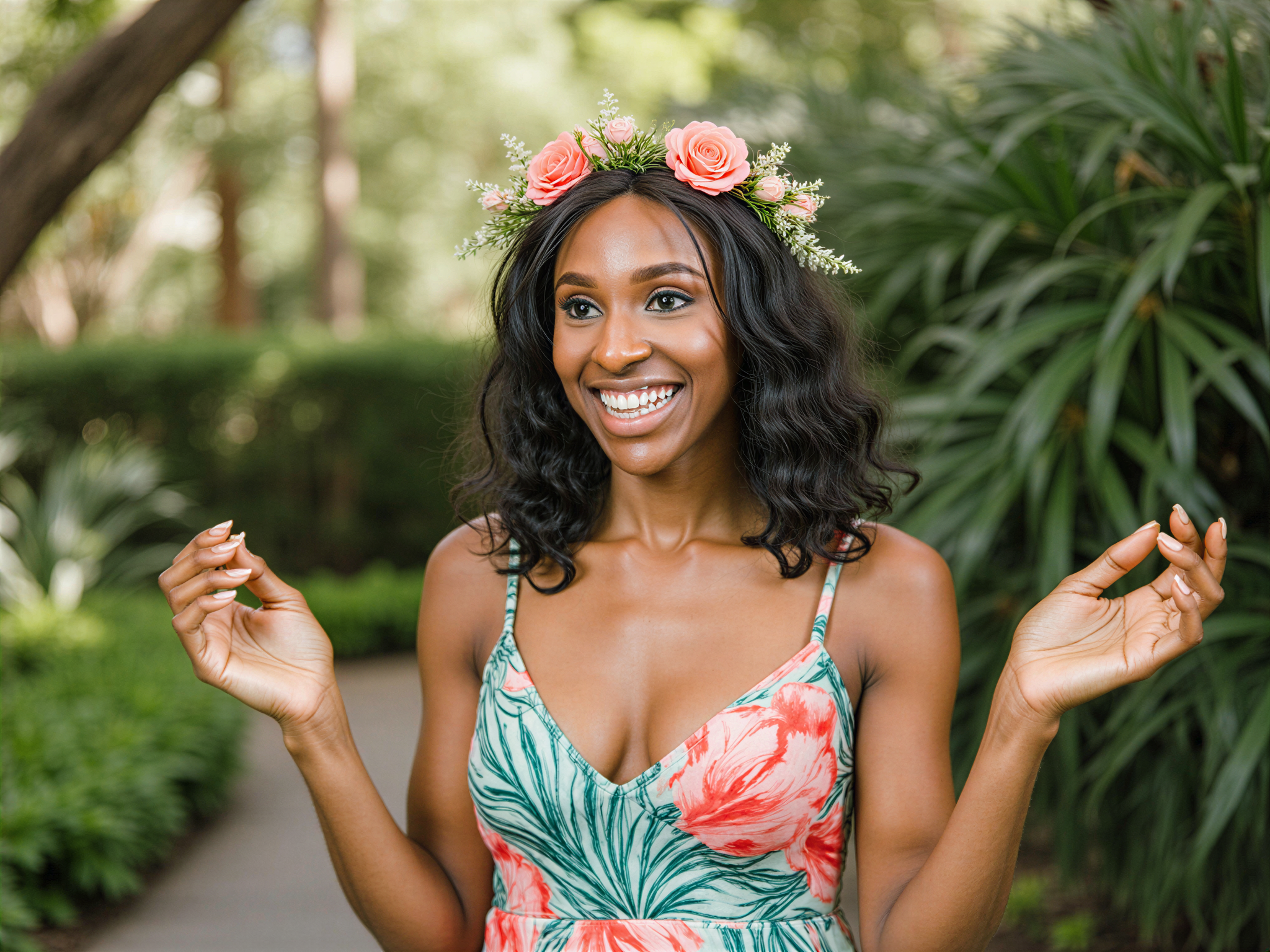 A vibrant outdoor scene featuring a female model, OD62S, aged 28, exuding joy while showcasing the Australia Collection. She is dressed in a flowing, sun-soaked sundress adorned with tropical motifs—palm leaves and blossoms in shades of coral and aqua. The dress dances around her, capturing the light of a bright Australian day. Her hair is styled in carefree beach waves, adorned with a delicate floral crown. Surrounded by a lush, sunlit garden, she embodies the essence of happy exploration and freedom. The composition features soft, natural lighting that enhances her radiant smile, evoking the carefree spirit of a perfect summer day in Australia.
