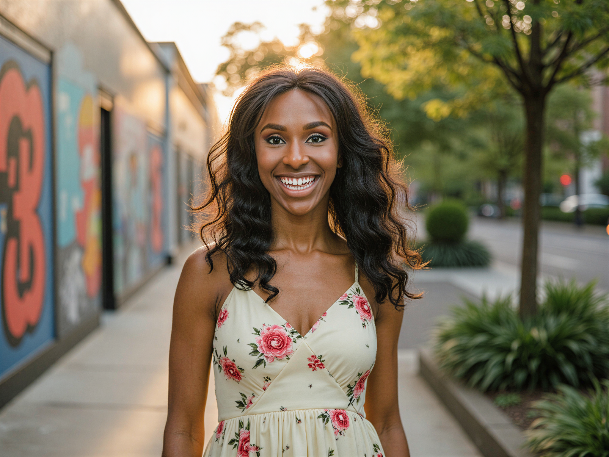 A vibrant portrait of a female subject, OD62S, aged 28, capturing the joyful essence of Melbourne's urban landscape. She stands against the colorful street art of the city, wearing a flowing pastel-maxi dress adorned with playful floral patterns, evoking a sense of carefree happiness. Her hair is styled in loose waves, catching the golden sunlight, and her expression radiates pure joy with a bright smile. The image captures the energy of Melbourne, with soft bokeh from nearby greenery enhancing her presence. The lighting is warm and inviting, perfectly complementing the mood of happiness and spontaneity.