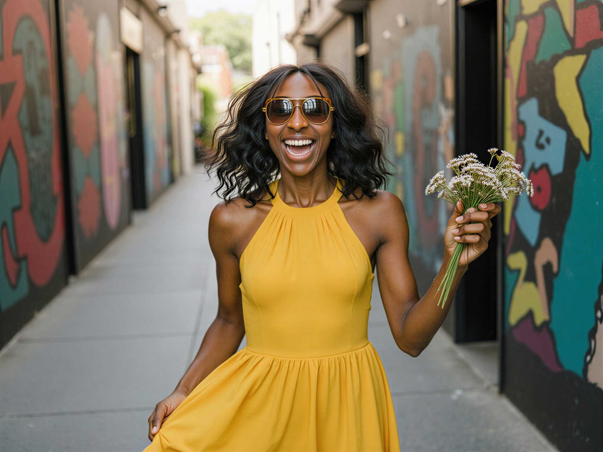 A joyful female figure, OD62S, aged 28, captured in a vibrant city laneway filled with street art and colorful murals. She is dressed in a flowing, bright yellow sundress made of lightweight chiffon that dances in the breeze. Her hair is styled in loose waves, and she wears oversized sunglasses that reflect the dynamic surroundings. In one hand, she holds a bouquet of wildflowers, while the other is playfully tossed in the air, embodying a carefree spirit. The sun filters through the narrow lanes, creating dappled lighting that enhances her happy demeanor, evoking a sense of youthful exuberance and urban adventure, perfect for a fashion editorial spread.
