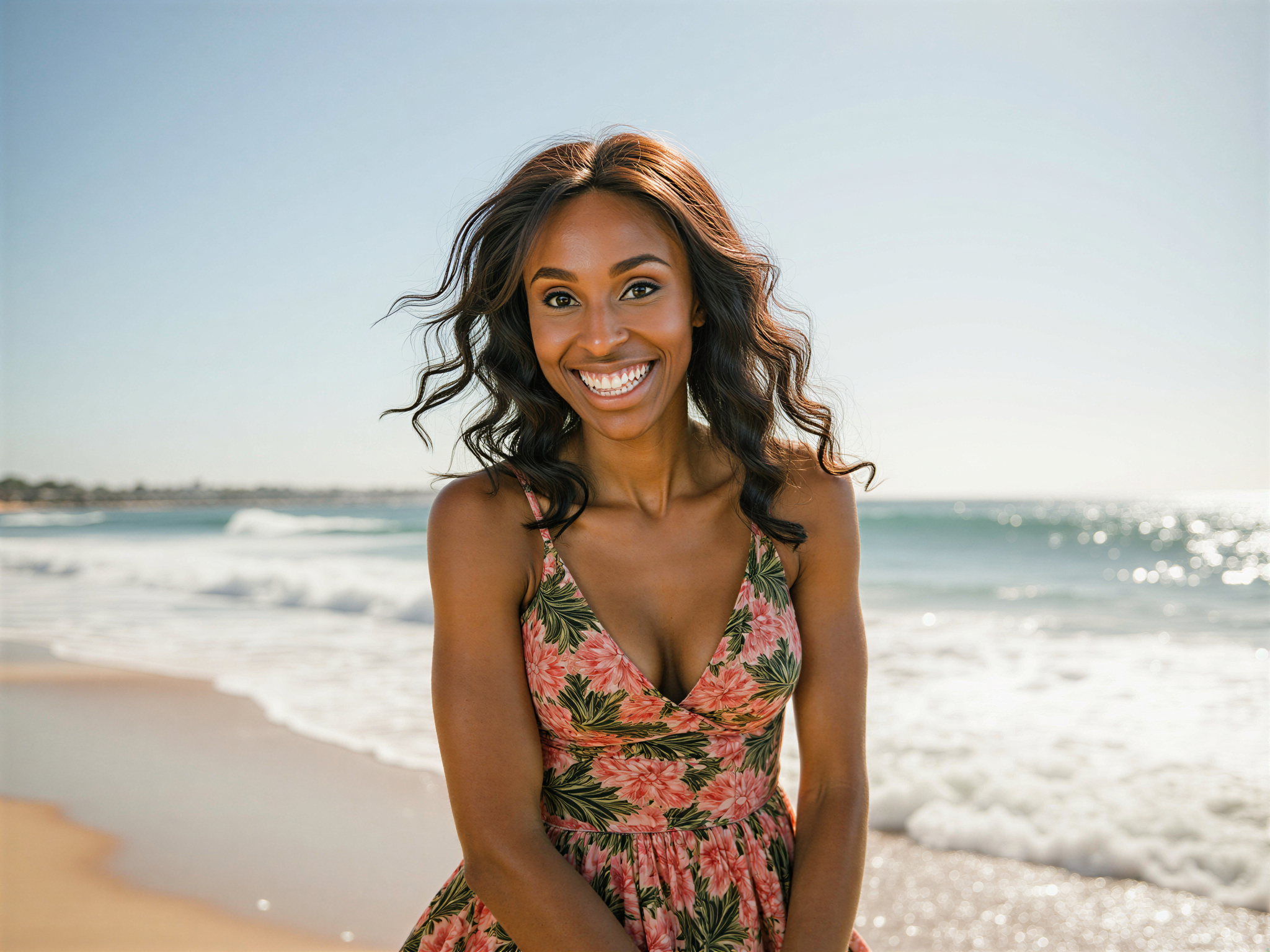 A vibrant and joyful portrait of a female figure, OD62S, aged 28, enjoying a sun-soaked day at Bondi Beach. Dressed in a breezy, flowing maxi dress adorned with tropical prints that sway gently in the ocean breeze, she radiates happiness and carefree spirit. Her hair is tousled by the wind, adding to the playful atmosphere. The sun casts a warm, golden light on her, creating shimmering reflections on the water. The background features the iconic Bondi Beach waves and golden sand, evoking a picturesque summer day filled with laughter and joy. The composition utilizes natural light to highlight her glowing skin, with a focus on capturing emotion and the essence of a free-spirited beachgoer.