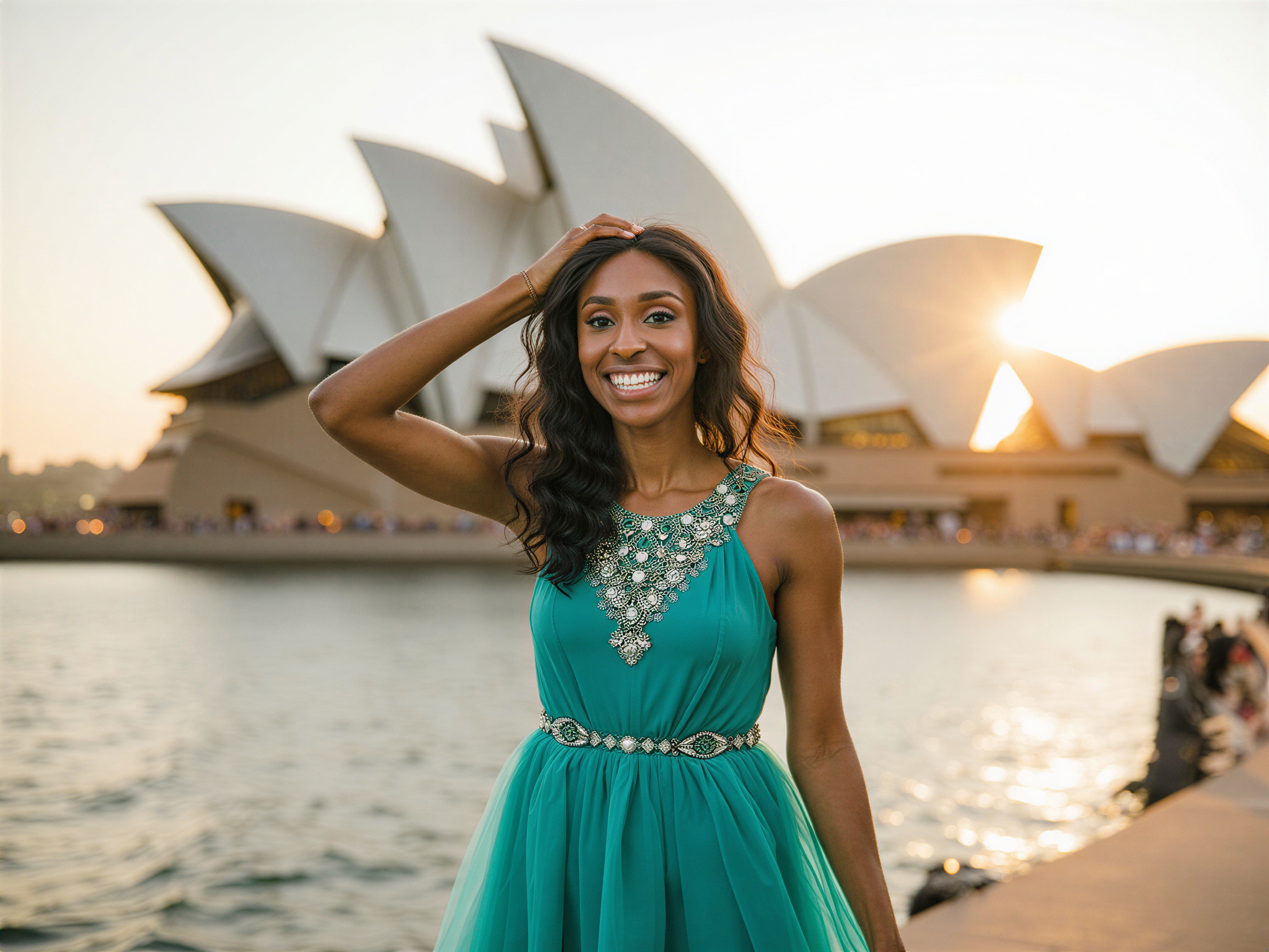 A joyful female figure, OD62S, aged 28, stands in front of the iconic Sydney Opera House, embodying a sense of exuberance and cultural sophistication. She wears a flowing, asymmetrical gown in vibrant aquamarine chiffon, reminiscent of the ocean's hues, with intricate beading cascading down the bodice. Her hair is styled in soft waves adorned with delicate white flowers. The sun sets behind the Opera House, creating a warm golden glow that bathes the scene in warmth. Her radiant smile captures the happy mood, while her arms are elegantly raised, celebrating the beauty of the moment. The image portrays a cheerful blend of high fashion and architectural grandeur, evoking the spirit of a glamorous soirée by the harbor.