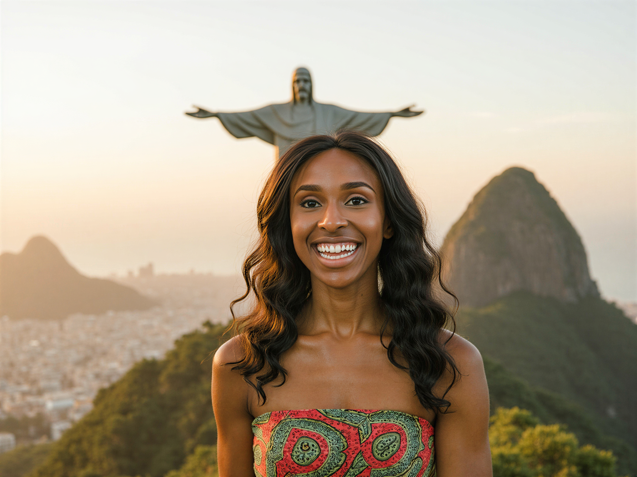 A joyful female, OD62S, aged 28, standing in front of the iconic Christ the Redeemer statue in Rio de Janeiro. She is dressed in a vibrant, flowing sundress adorned with tropical patterns, which dances in the warm breeze. Her hair is loose and wavy, catching the sunlight as she beams with happiness, embodying a spirit of adventure. The backdrop features the stunning panoramic view of the city bathed in golden hour light, creating a warm, ethereal glow that enhances her cheerful demeanor. The composition captures the essence of travel and freedom, with the statue majestically overlooking the city, symbolizing peace and joy. This image encapsulates the perfect moment, where culture meets joy in a celebratory embrace, making it a picturesque memory. The vibrant colors and dynamic pose exude positivity and exuberance, inviting viewers to share in the happiness of the moment.