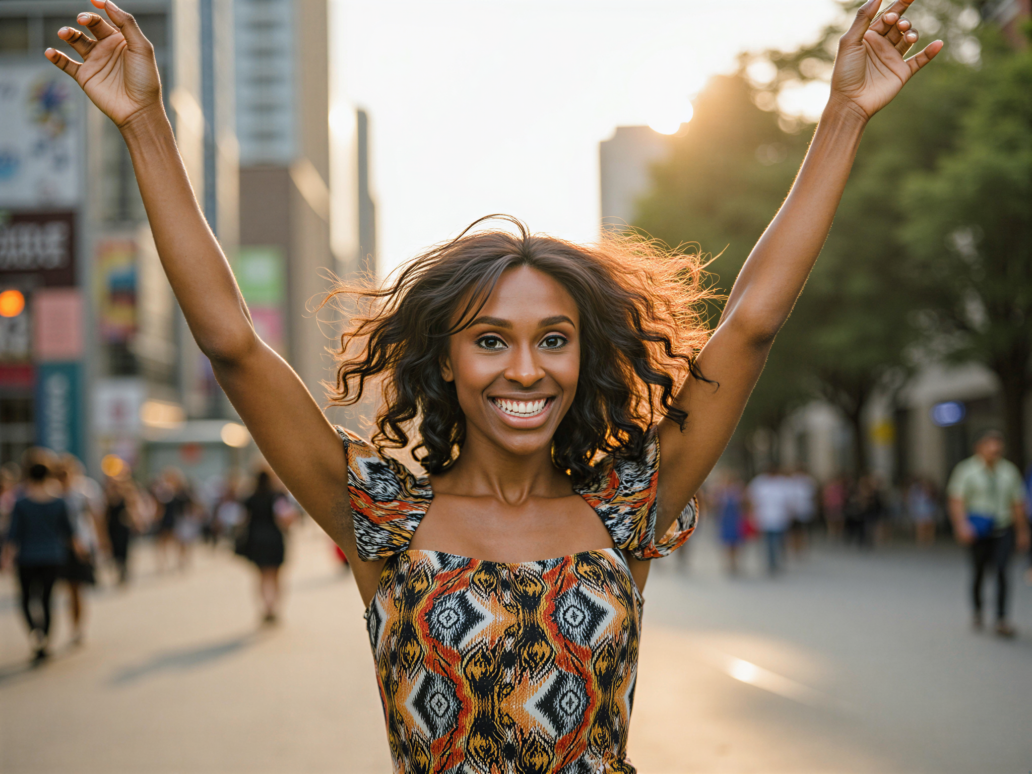 A joyful female individual, OD62S, aged 28, captured in a vibrant outdoor scene in São Paulo. She is wearing a lively, multicolored off-shoulder dress made of lightweight fabric that flows gracefully with the breeze. The backdrop showcases the iconic urban landscape of São Paulo, complete with colorful street art and bustling activity. Sunlight filters through the trees, casting a warm, golden glow, enhancing the cheerful mood. Her pose is carefree, arms raised in delight, with a radiant smile that conveys her happiness and connection to the lively city around her. The composition highlights the dynamic energy of São Paulo, emphasizing the essence of joy and urban vibrancy.