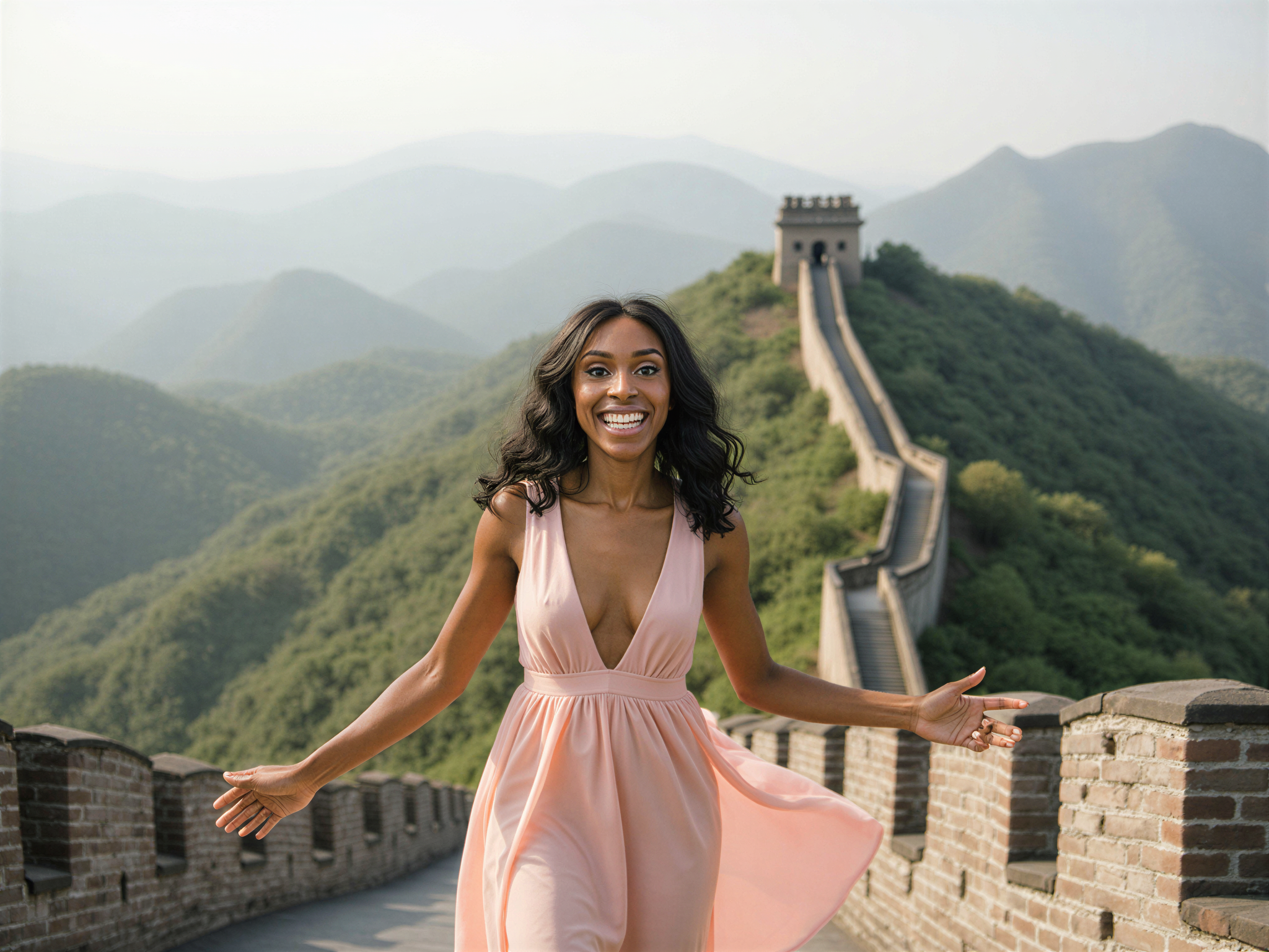 A joyful female figure, OD62S, aged 28, standing gracefully atop the Great Wall of China, her arms outstretched as if embracing the breathtaking landscape. She wears a flowing, ethereal midi dress in soft pastels, made from chiffon that dances in the gentle breeze. The sunlight bathes her in a warm glow, accentuating her radiant smile and sparkling eyes. The ancient stones of the wall contrast beautifully with the vibrant greenery surrounding her, capturing a moment of pure happiness and freedom. This image combines elements of fashion and travel photography, evoking a sense of adventure and joy in a historical context.