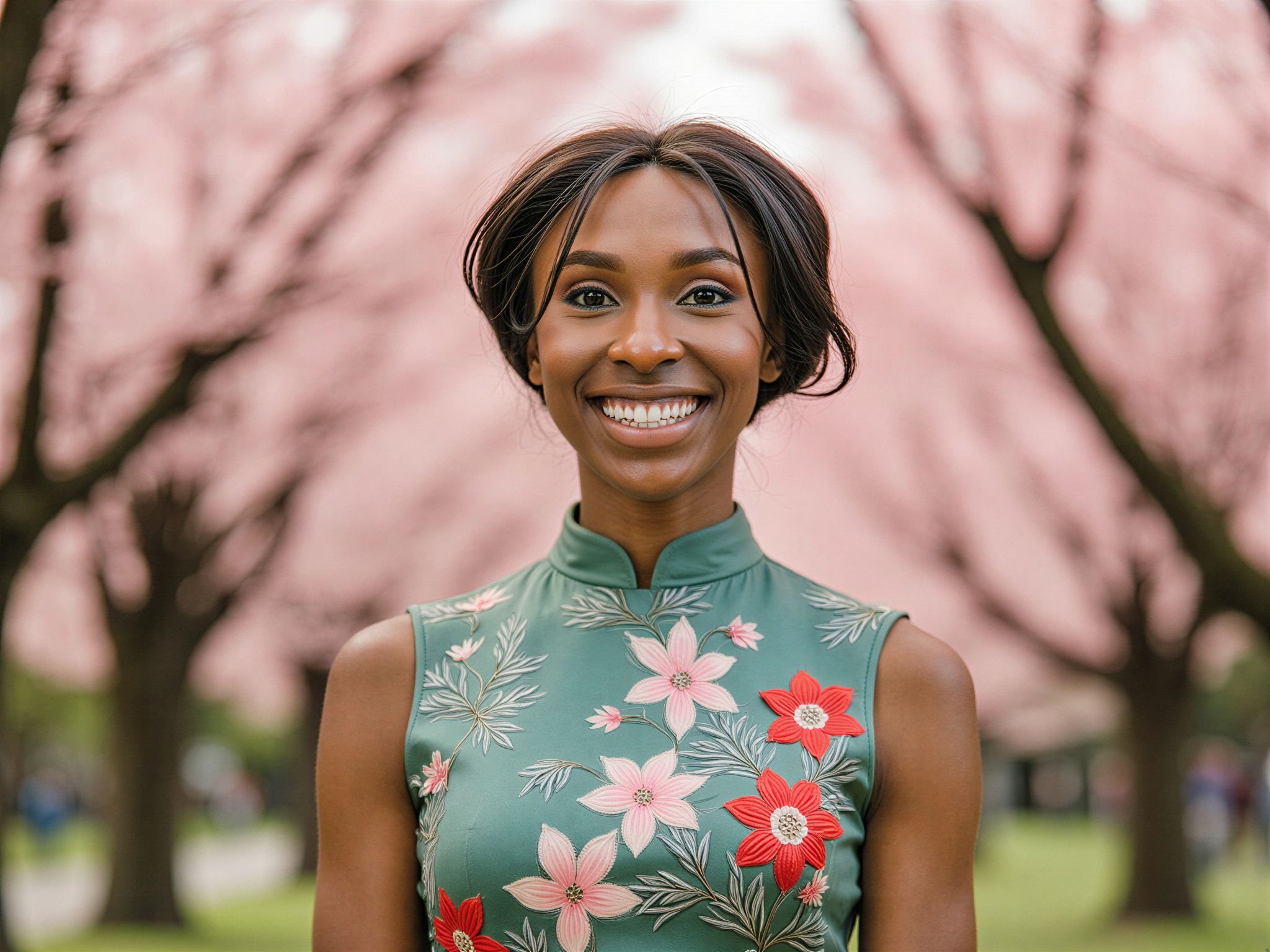 A joyful female individual, OD62S, aged 28, standing in a vibrant Chinese landscape filled with vivid cherry blossoms in full bloom. She wears a flowing, traditional silk qipao with intricate floral embroidery in shades of jade green and blush pink. The sunlight filters through the blossoms, casting soft, ethereal highlights on her beaming face as she smiles radiantly. Her hair is styled in a sleek bun, adorned with delicate hairpins featuring floral motifs. The composition captures the spirit of cultural celebration and happiness, with a focus on the exquisite detailing of the fabric and the serene beauty of the natural surroundings, evoking a sense of joy and connection to heritage.