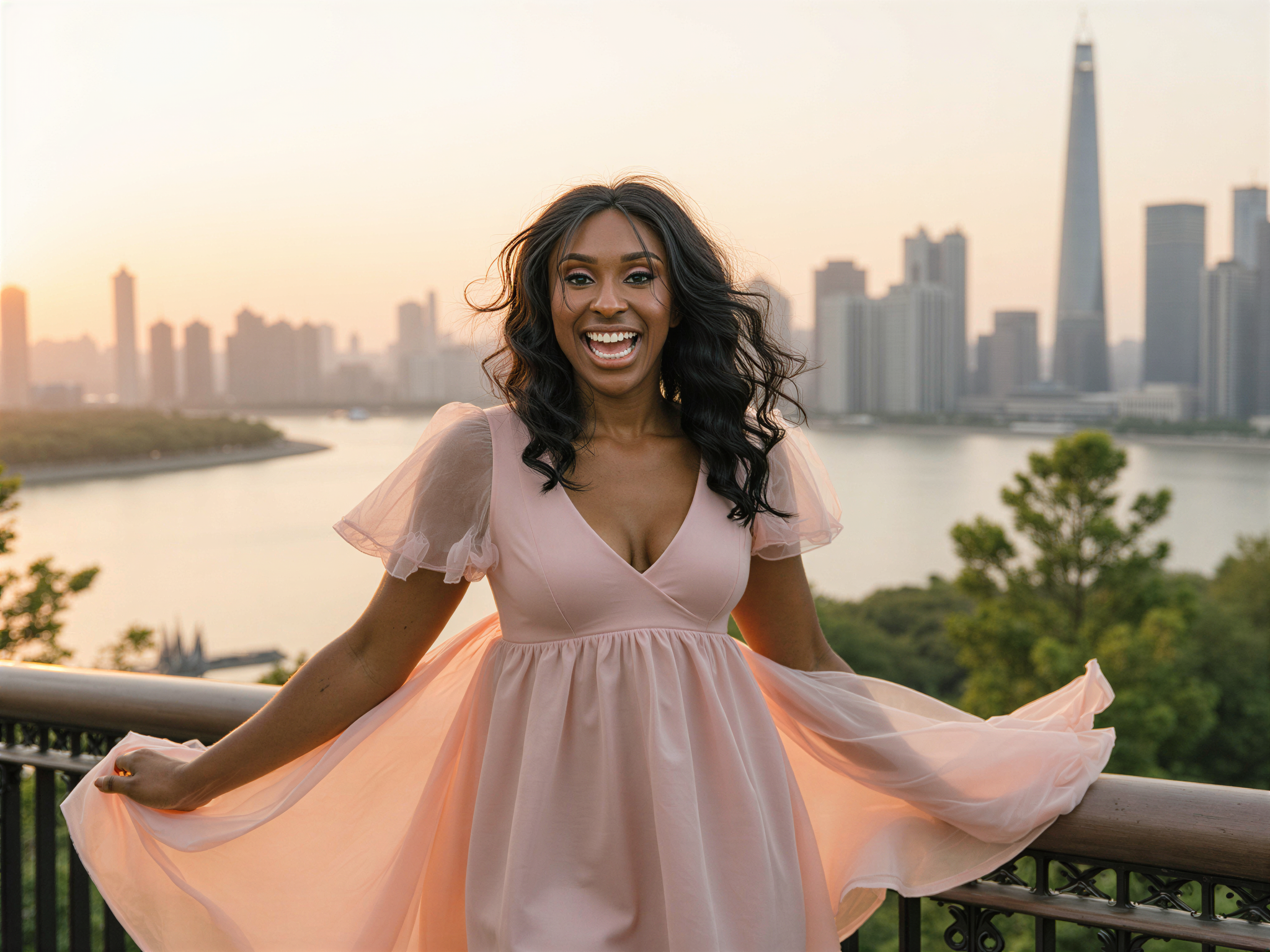 A joyful female figure, OD62S, aged 28, is captured on The Bund in Shanghai, exuding a radiant happiness that mirrors the vibrant cityscape behind her. Dressed in a flowing, pastel-colored chiffon dress with fluttering sleeves, she twirls gracefully, allowing the soft fabric to catch the light. Her hair cascades in loose waves adorned with delicate floral accessories, harmonizing with the lively urban flora surrounding her. The picturesque skyline of The Bund serves as the backdrop, with iconic colonial buildings and a glowing sunset reflecting off the Huangpu River. The image captures a moment of pure joy and whimsical elegance, enhanced by the soft golden hour lighting, creating a dreamlike atmosphere cherished for its celebratory spirit.