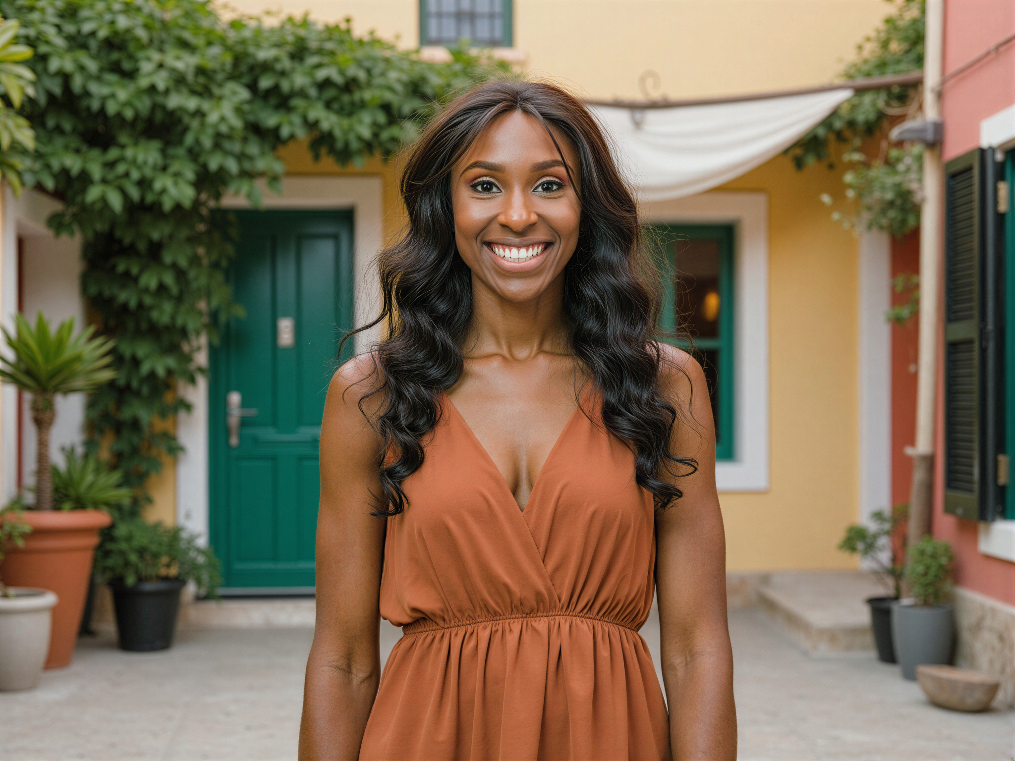 A vibrant image of a female traveler, OD62S, aged 28, exuding joy as she explores a picturesque coastal village. She wears a flowing, bohemian maxi dress in earthy hues, with light fabric that dances in the breeze. Her long hair cascades in loose waves, sun-kissed and effortlessly tousled. She smiles radiantly at the camera, standing in front of a charming, colorful building adorned with ivy, encapsulating the essence of adventure. The sunlight bathes the scene in a warm glow, emphasizing the happy mood and carefree spirit of travel, creating a beautifully candid editorial moment.