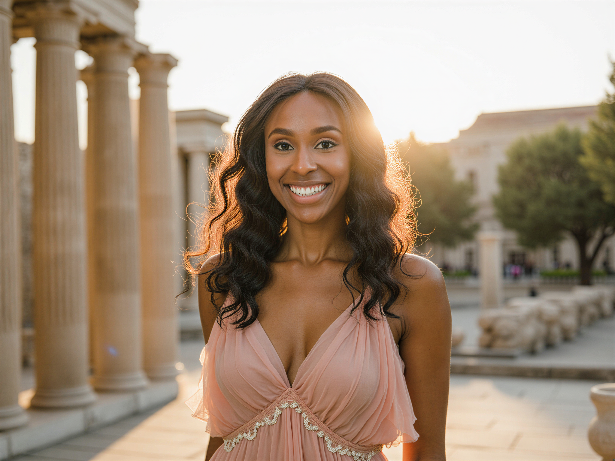 A joyful female figure, OD62S, aged 28, captured in a vibrant moment at the Ancient Agora of Athens. She wears a flowing, pastel chiffon dress, reminiscent of Grecian styles, adorned with delicate embroidery that reflects the sunlight. Her hair cascades in loose waves, adorned with tiny white flowers, enhancing the ethereal feeling of the setting. In the background, majestic columns rise, framing her against the archaeological splendor while she smiles radiantly, embodying the spirit of freedom and joy amidst ancient history. The sun casts a warm golden glow, creating a magical atmosphere, and the scene conveys a sense of bliss and connection with timeless culture.