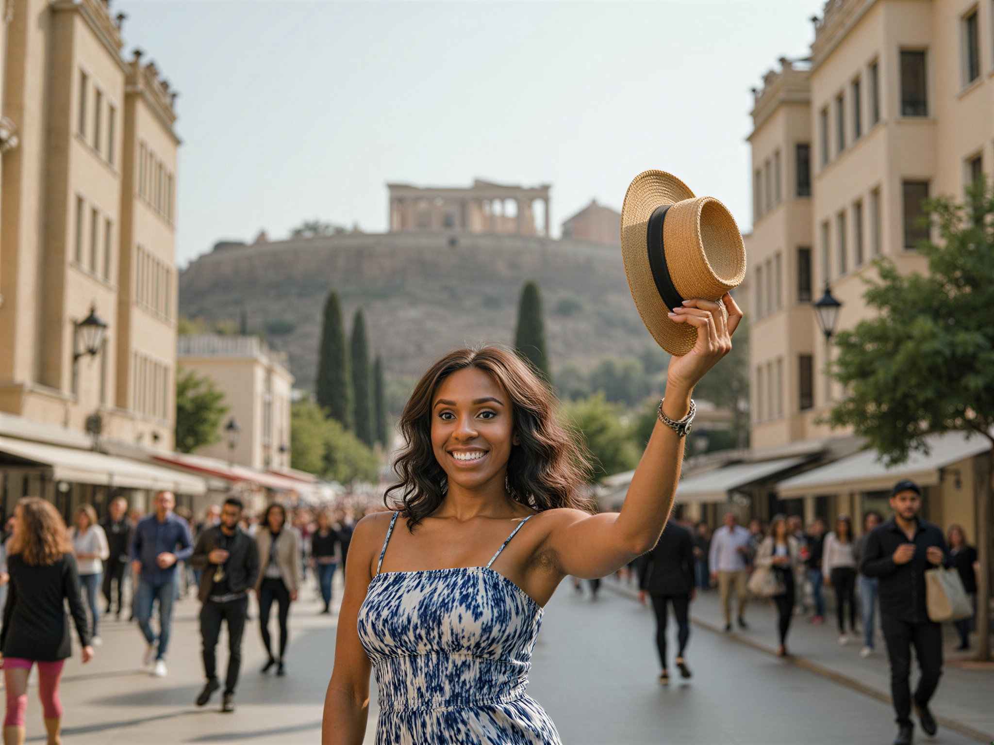 A vibrant street scene in Athens featuring a joyful female figure, OD62S, aged 28. She stands in front of the iconic Acropolis, wearing a flowing Mediterranean-style sundress in shades of azure and ivory, reminiscent of the Aegean Sea. Her hair catches the sunlight, cascading in loose waves. She holds a wide-brimmed straw hat in one hand, while the other is playfully thrown into the air, embodying the exuberance of her surroundings. The warm golden light of late afternoon enhances the serene ambiance, with the hustle and bustle of the city in the background, framed by historic architecture. This image captures a moment of bliss and cultural richness, illustrating the happiness of exploring Athens in a picturesque setting.