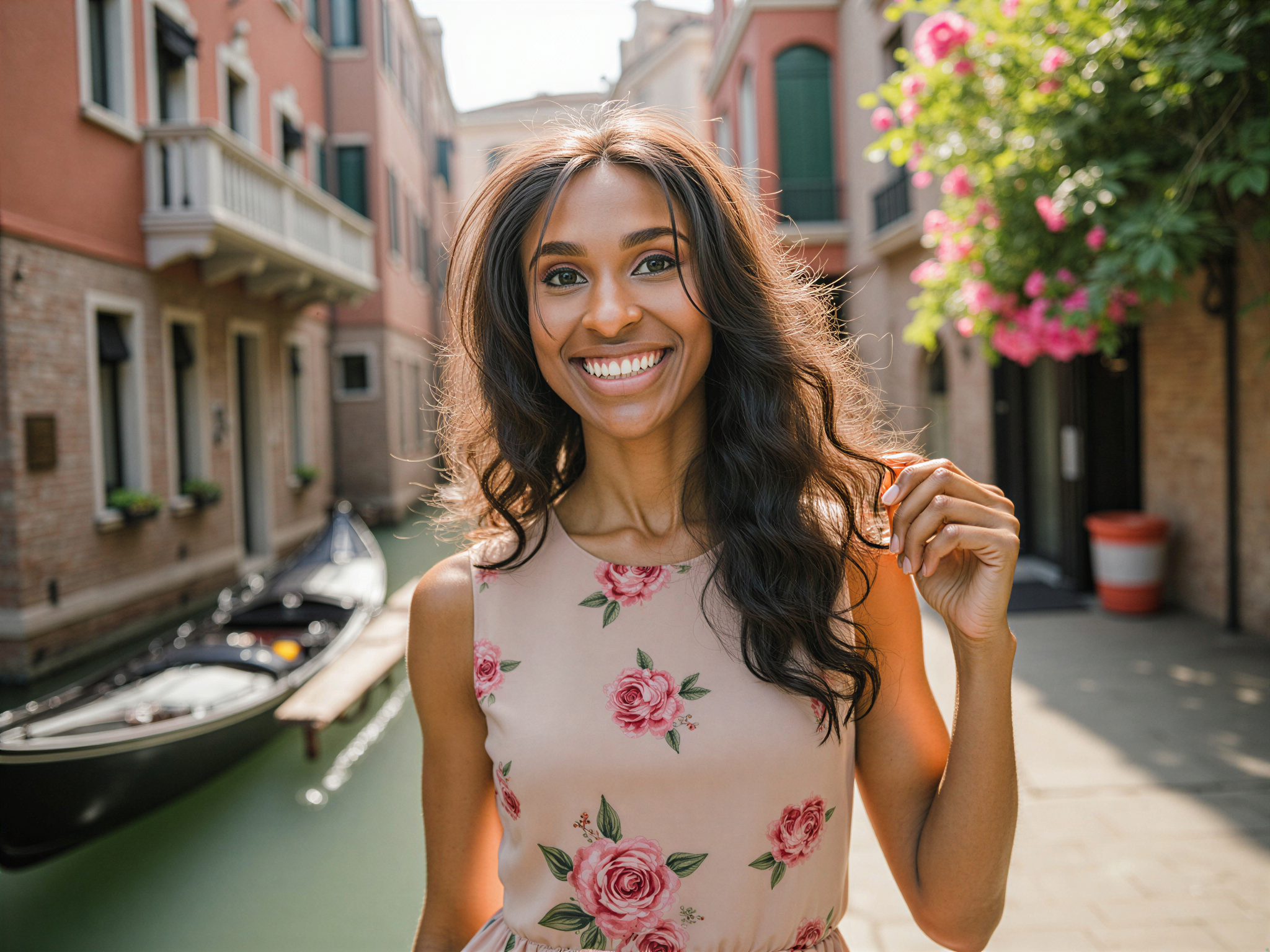 A joyful female figure, OD62S, aged 28, exploring the picturesque canals of Little Venice. She wears a flowing, pastel-colored summer dress crafted from lightweight chiffon, adorned with floral prints that dance in the gentle breeze. Her long hair cascades in soft waves, adorned with a delicate flower crown. The background captures the charming gondolas and blooming flowers that define this serene location, bathed in warm sunlight that creates an ethereal glow. The pose is carefree, with one hand playfully twirling in her hair while the other holds a small wicker basket filled with vibrant blooms. The atmosphere is infused with happiness, evoking the essence of a perfect day spent in this idyllic setting, emphasizing the blissful connection to nature and whimsy.