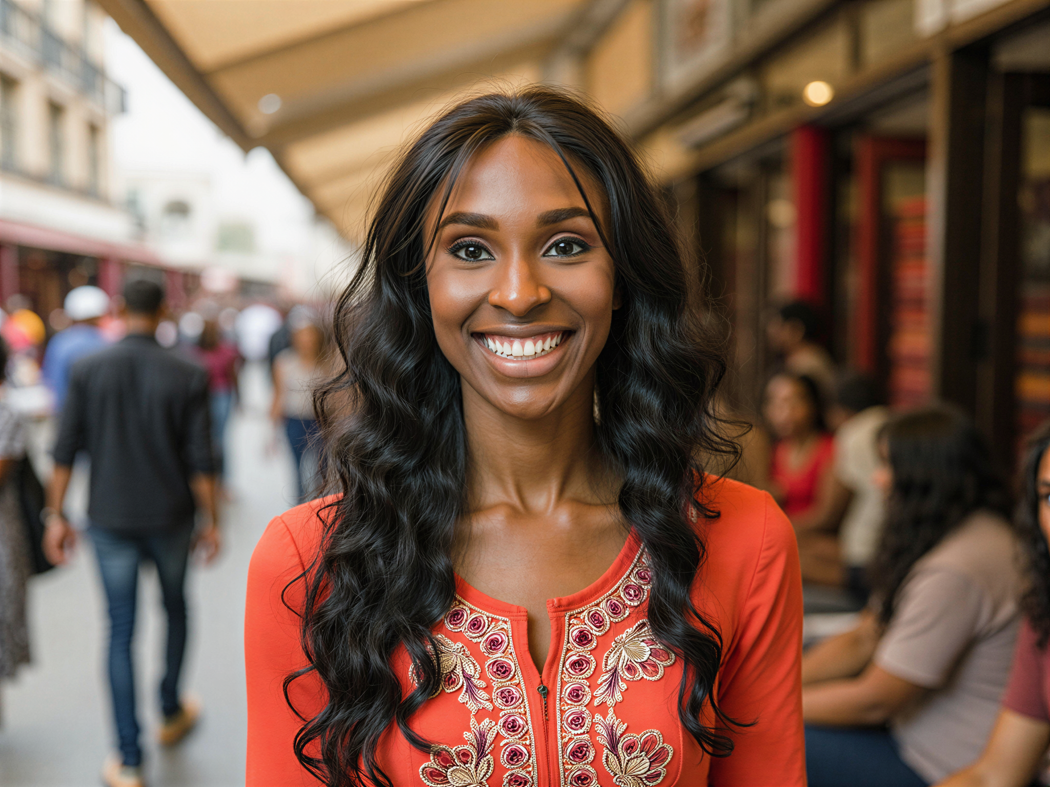 A joyful female subject, OD62S, aged 28, captured in a vibrant outdoor setting in India, exuding warmth and happiness. She wears a breathtakingly colorful anarkali suit adorned with intricate embroidery, showcasing the rich textile heritage of the region. Her long hair cascades down her back in loose waves, complementing the ensemble. The scene features a lively market backdrop, filled with traditional textiles and artisans, bustling with energy. Natural sunlight bathes her in a golden glow, illuminating her radiant smile and captivating the essence of cultural celebration in India. The composition balances vibrant colors against a softly blurred background, ensuring she remains the focal point of this uplifting moment.