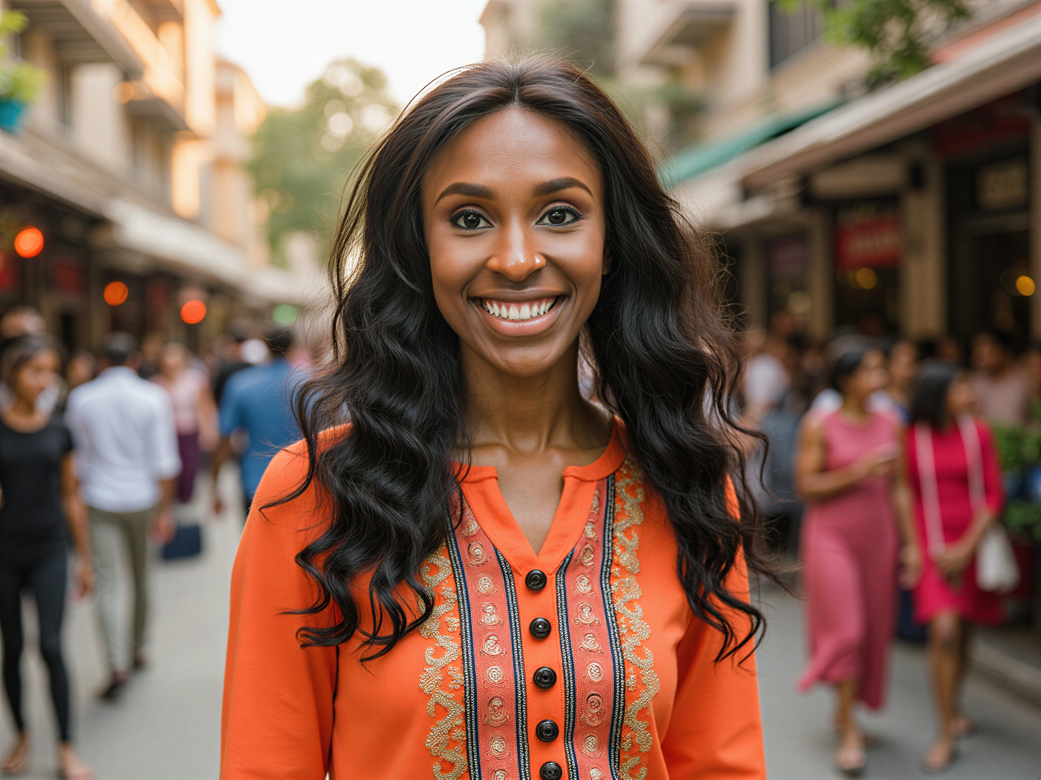 A vibrant outdoor portrait of a 28-year-old female individual, OD62S, captured in the lively streets of Delhi. She exudes joy and energy, wearing a colorful, flowing kurta adorned with intricate embroidery, paired with lightweight palazzo pants. Her hair flows in soft waves, and she sports a radiant smile that reflects the warmth of her surroundings. The bustling market of Delhi serves as a lively backdrop, filled with vibrant colors and rich textures that mirror her mood of happiness. The lighting is golden, suggesting early morning or late afternoon, enhancing the overall cheerful atmosphere of the scene.