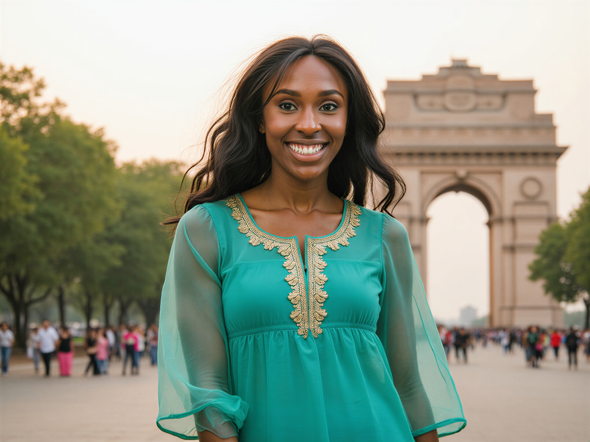 A joyful female individual, OD62S, aged 28, stands beaming in front of India Gate, showcasing the beauty of Indian culture and heritage. She is adorned in a vibrant, flowing kurta made of lightweight chiffon in shades of turquoise and gold, with intricate embroidery that catches the light. Her hair flows freely, and she wears delicate bangles on her wrists, contributing to the festive atmosphere. The background captures the grandeur of India Gate bathed in natural sunlight, with an array of lush greenery surrounding the structure, evoking a sense of celebration and pride. The composition emphasizes her radiant smile and the cheerful vibe of an energetic day in the heart of Delhi.
