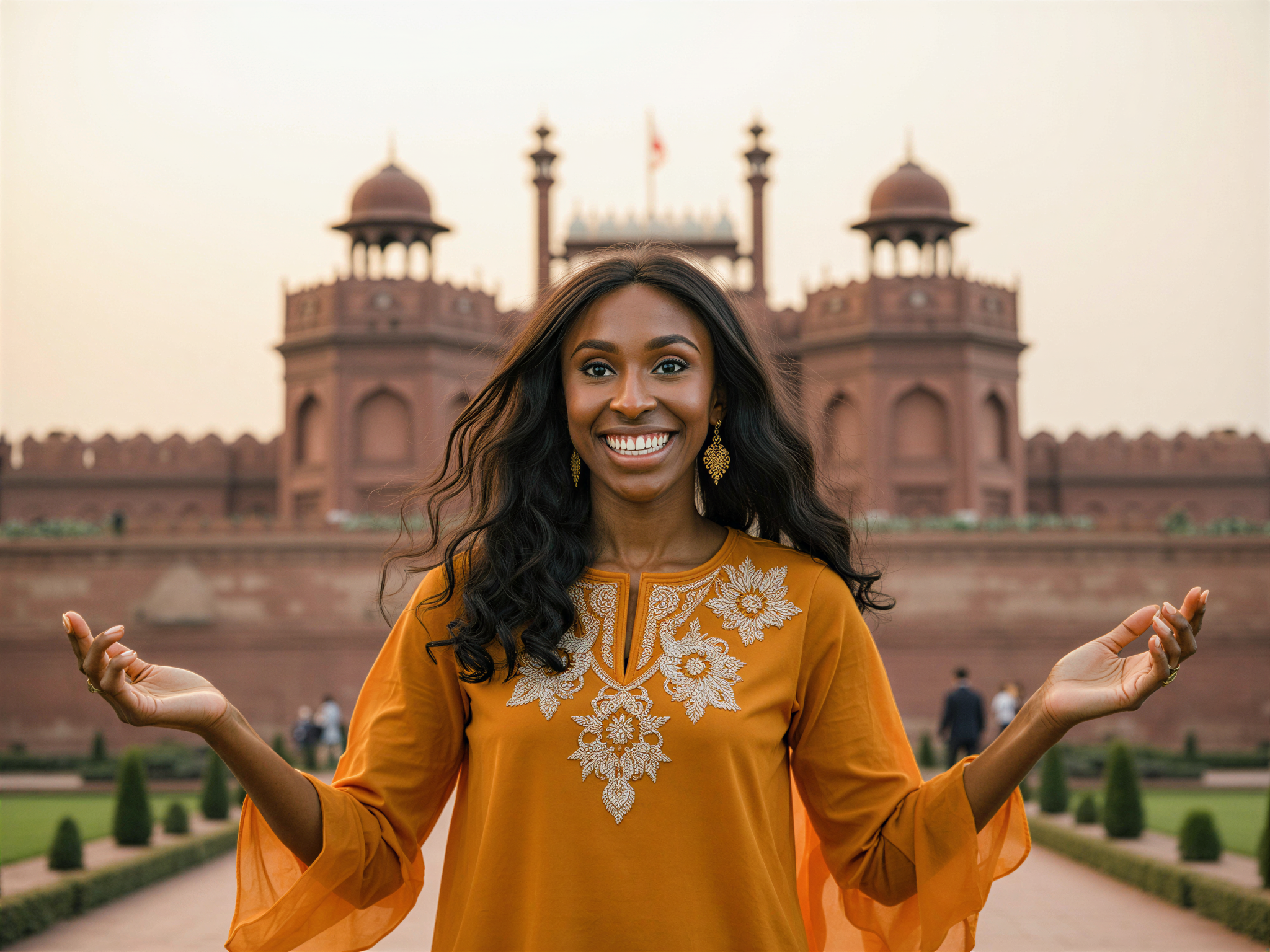 A joyful female subject, OD62S, aged 28, standing in front of the iconic Red Fort in Delhi, exuding a sense of happiness and cultural appreciation. She wears a flowing, vibrant kurta in rich saffron, adorned with intricate floral embroidery, which gracefully flutters in the gentle breeze. Her long hair cascades in soft waves down her back, complemented by delicate gold earrings that catch the sunlight. The soft, golden hour light bathes the scene, enhancing the warm hues of the fort behind her. Her pose is playful, with arms raised slightly, capturing a moment of pure joy and connection to her surroundings. The composition balances the grandeur of the historical architecture with her spirited presence, creating a harmonious blend of past and present.