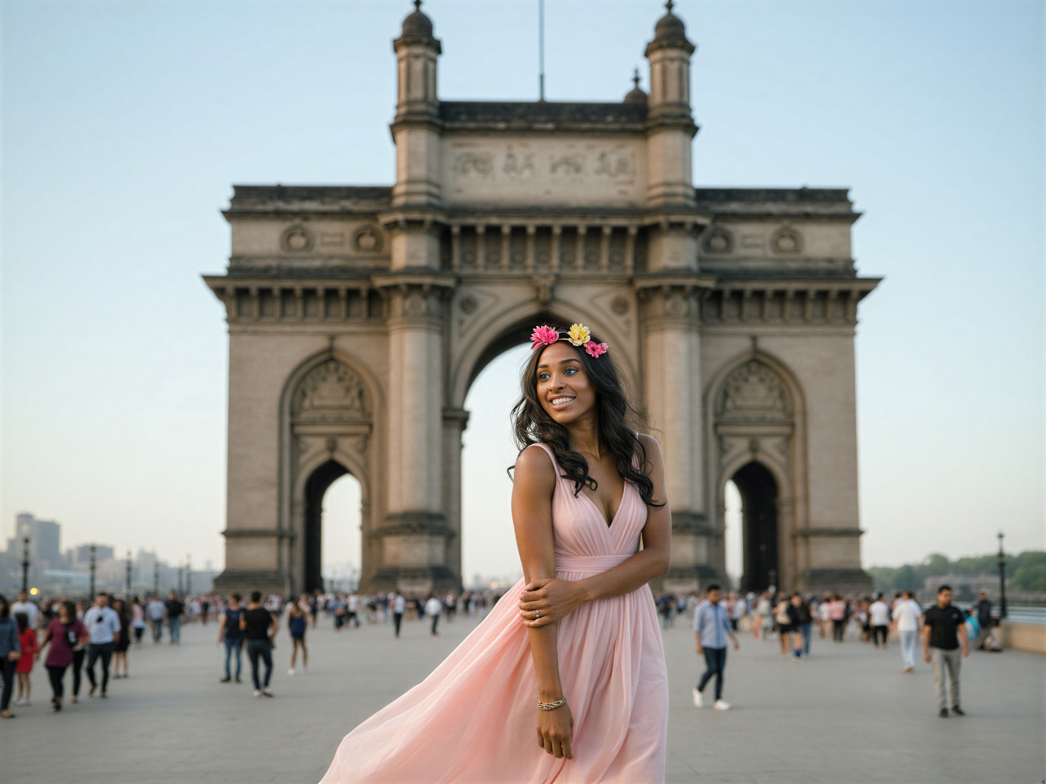 A vibrant and joyful female figure, OD62S, aged 28, poses gracefully in front of the iconic Gateway of India. She wears a flowing, pastel-colored maxi dress that catches the sunlight, paired with delicate sandals. Her hair cascades freely in soft waves, adorned with a floral headband. The backdrop showcases the magnificent arch of the Gateway, with a bright blue sky creating a cheerful atmosphere. The light reflects off the water, adding a dreamy quality to the scene. Her expression is one of pure happiness, capturing the essence of a joyful moment in this cultural landmark, evoking a sense of wanderlust and celebration.