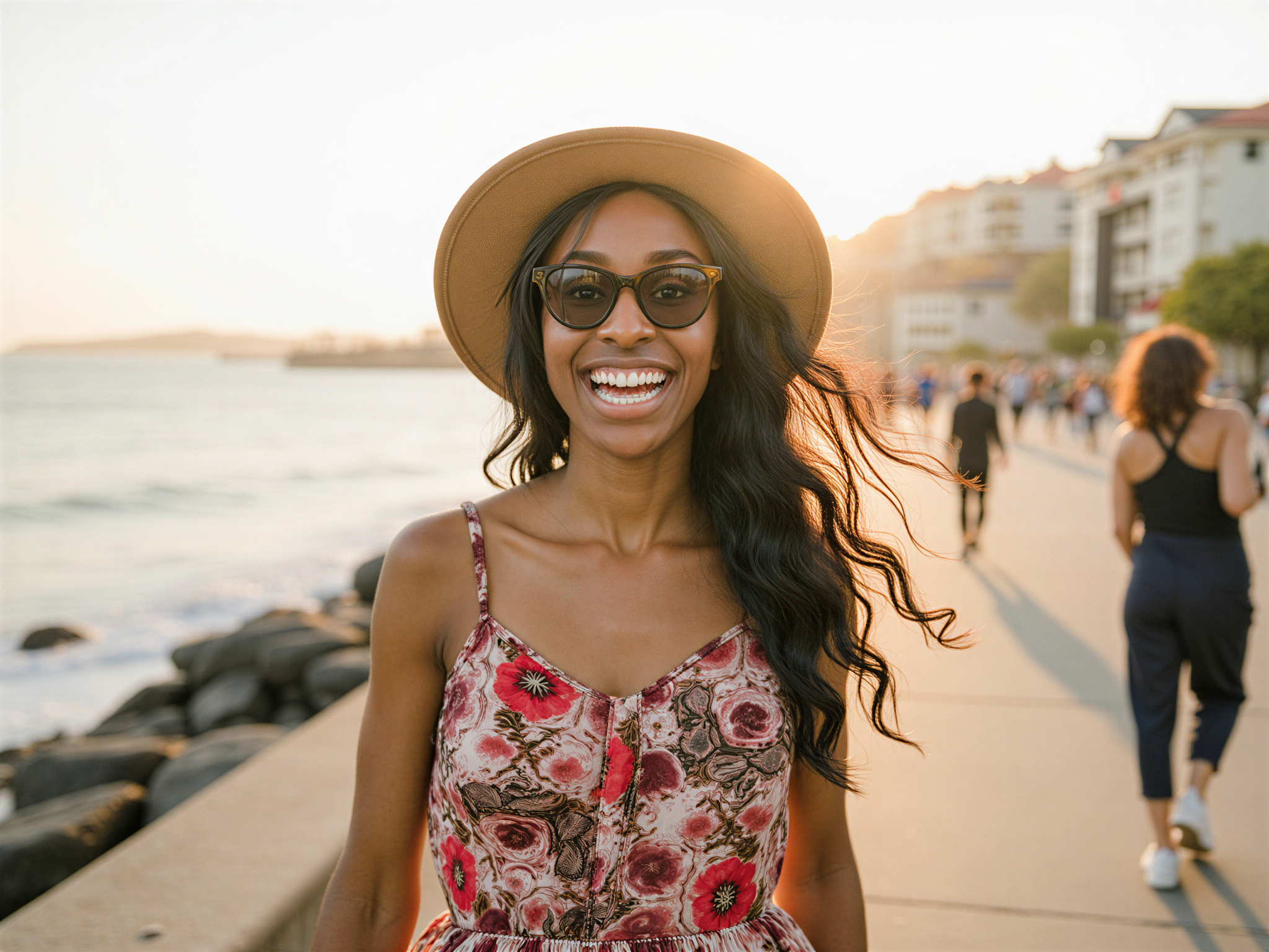 A vibrant and joyful female, OD62S, aged 28, captured walking along Marine Drive. She wears a breezy, colorful sundress that flows with the ocean breeze, paired with chic sunglasses and a wide-brimmed hat for an effortless summer look. The sun casts a golden glow, illuminating her radiant smile as she enjoys the seaside promenade, with waves crashing against the rocky shoreline in the background. The atmosphere is lively, infused with a sense of carefree happiness, embodying the essence of a perfect coastal day. The composition captures the dynamic interplay of light and shadow, showcasing her exuberant spirit against the backdrop of the scenic waterfront.