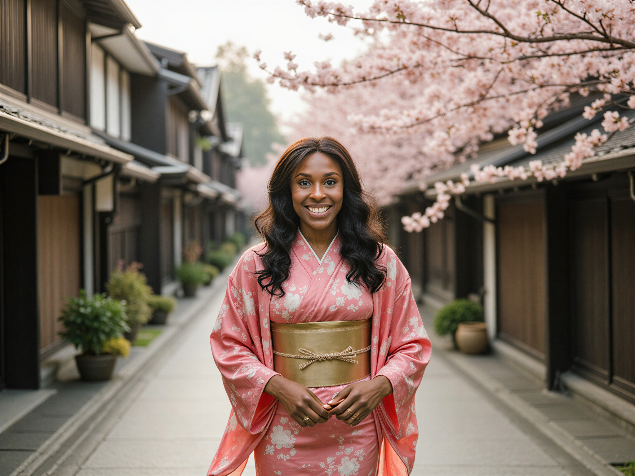 A joyous female figure, OD62S, aged 28, is depicted wandering through the serene streets of Kyoto, wearing a flowing kimono adorned with delicate cherry blossom patterns. The fabric catches the gentle breeze, accentuating the grace of her movements. She smiles brightly, radiating happiness and warmth as she strolls past traditional wooden machiya houses and blooming sakura trees. The dappled sunlight filters through the branches, casting a dreamy glow on her face. With her hands lightly clasped in front of her, she embodies a harmonious connection to her surroundings, evoking a sense of tranquility and cultural appreciation in a photorealistic rendering.