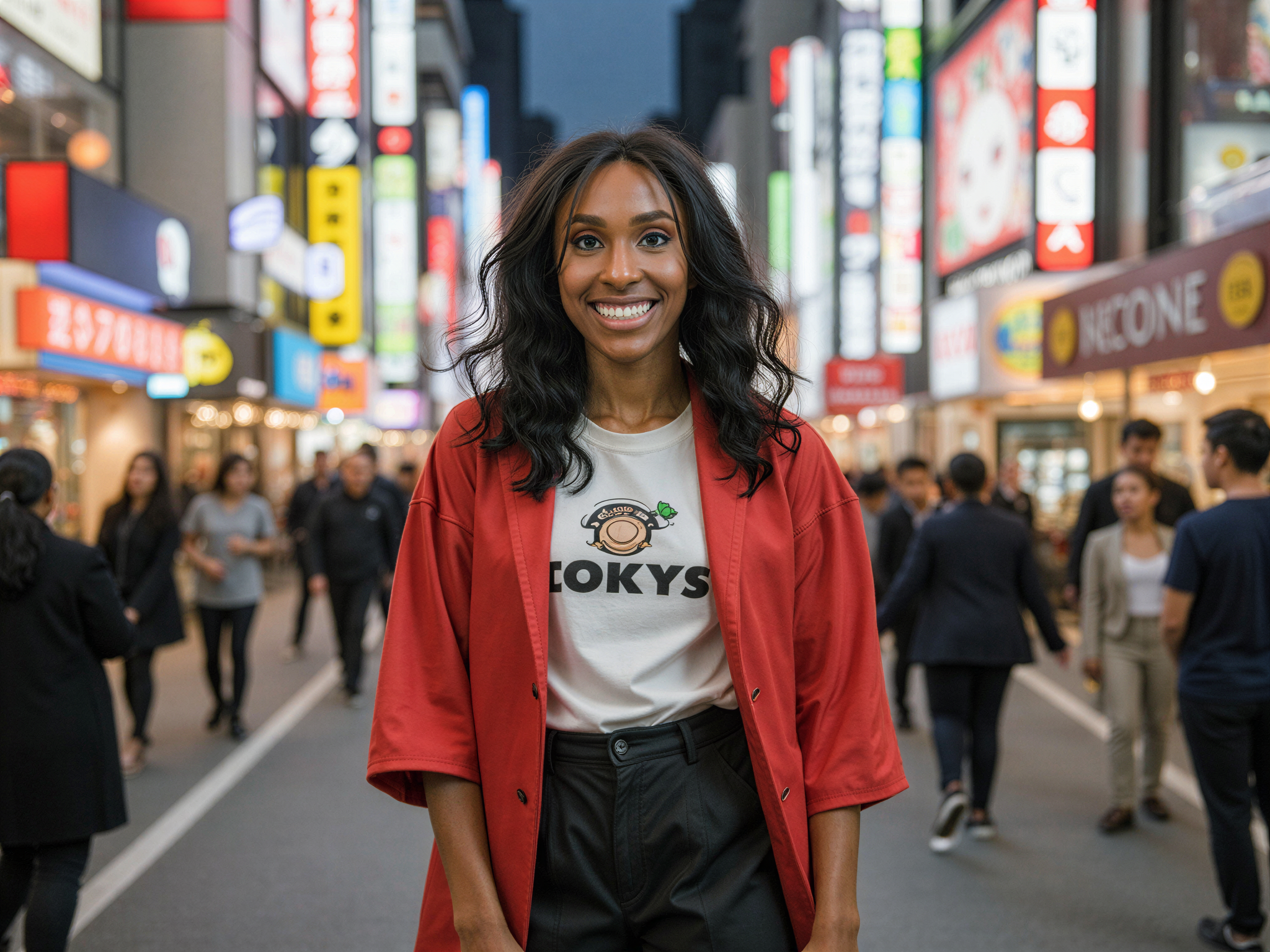 A vibrant street scene in Tokyo featuring a female individual, OD62S, aged 28. She stands joyfully in the midst of the bustling city, adorned in a trendy, layered outfit that blends traditional Japanese elements with modern streetwear—think a silk kimono jacket over a graphic tee and wide-leg trousers. Her hair is styled in playful waves, adorned with colorful hair clips. She’s surrounded by neon lights and a lively atmosphere, radiating happiness and warmth. The image captures the essence of urban culture, with the camera positioned at eye level, employing natural light to enhance her vibrant smile and the dynamic surroundings. This scene is filled with energy and life, embodying the joyful spirit of Tokyo.