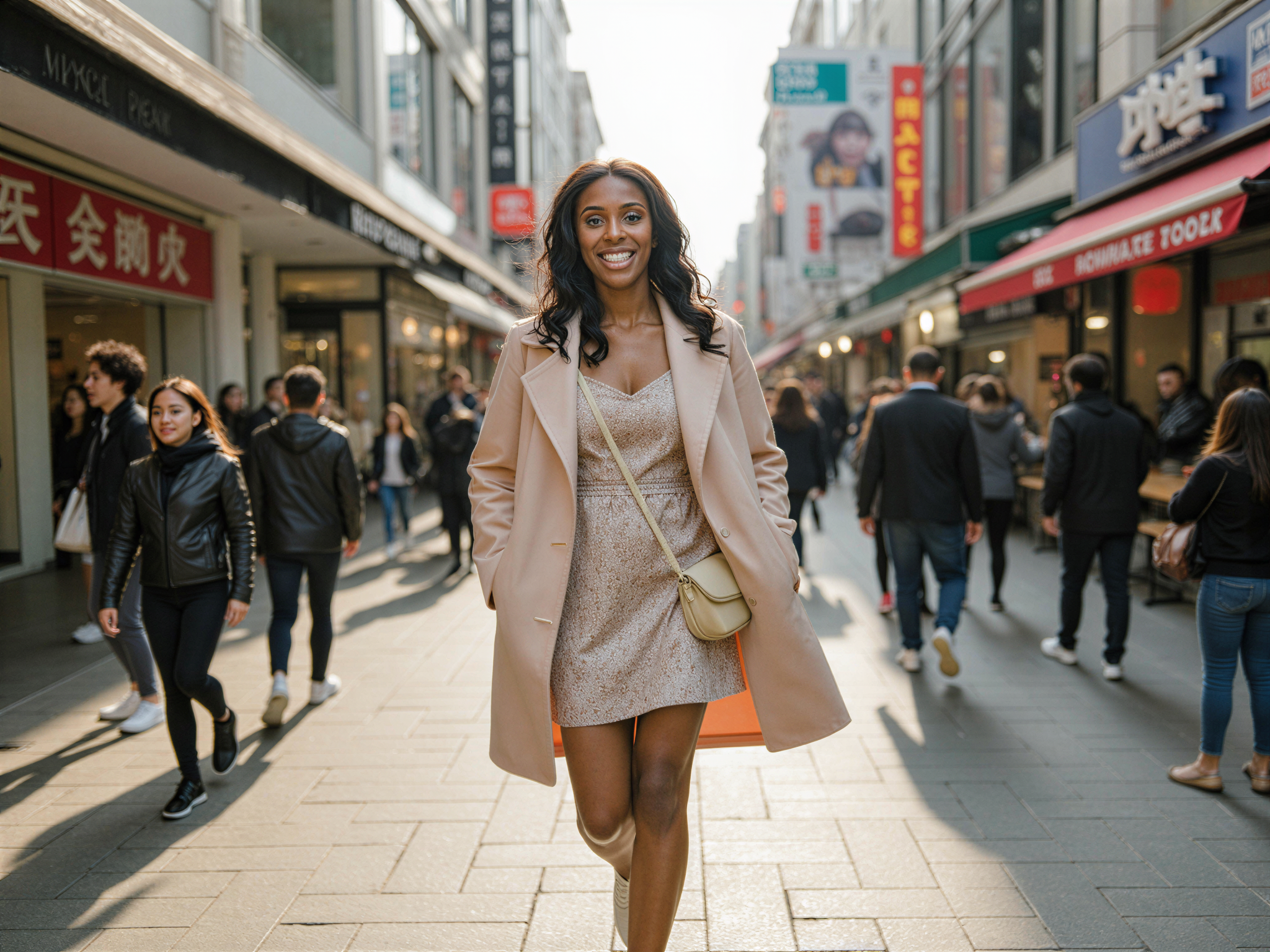 A joyful female figure, OD62S, aged 28, captured in the vibrant streets of Myeongdong, South Korea. She is dressed in a chic, oversized pastel trench coat layered over a light floral dress, embodying the playful and lively spirit of urban fashion. Her effortless style is accented by chunky white sneakers and a matching crossbody bag. The background is filled with colorful street signs, lively shops, and bustling crowds, emphasizing the energy of the locale. Sunlight filters in, creating a warm ambiance that highlights her radiant smile and carefree attitude, evoking a sense of happiness and cultural vibrancy.