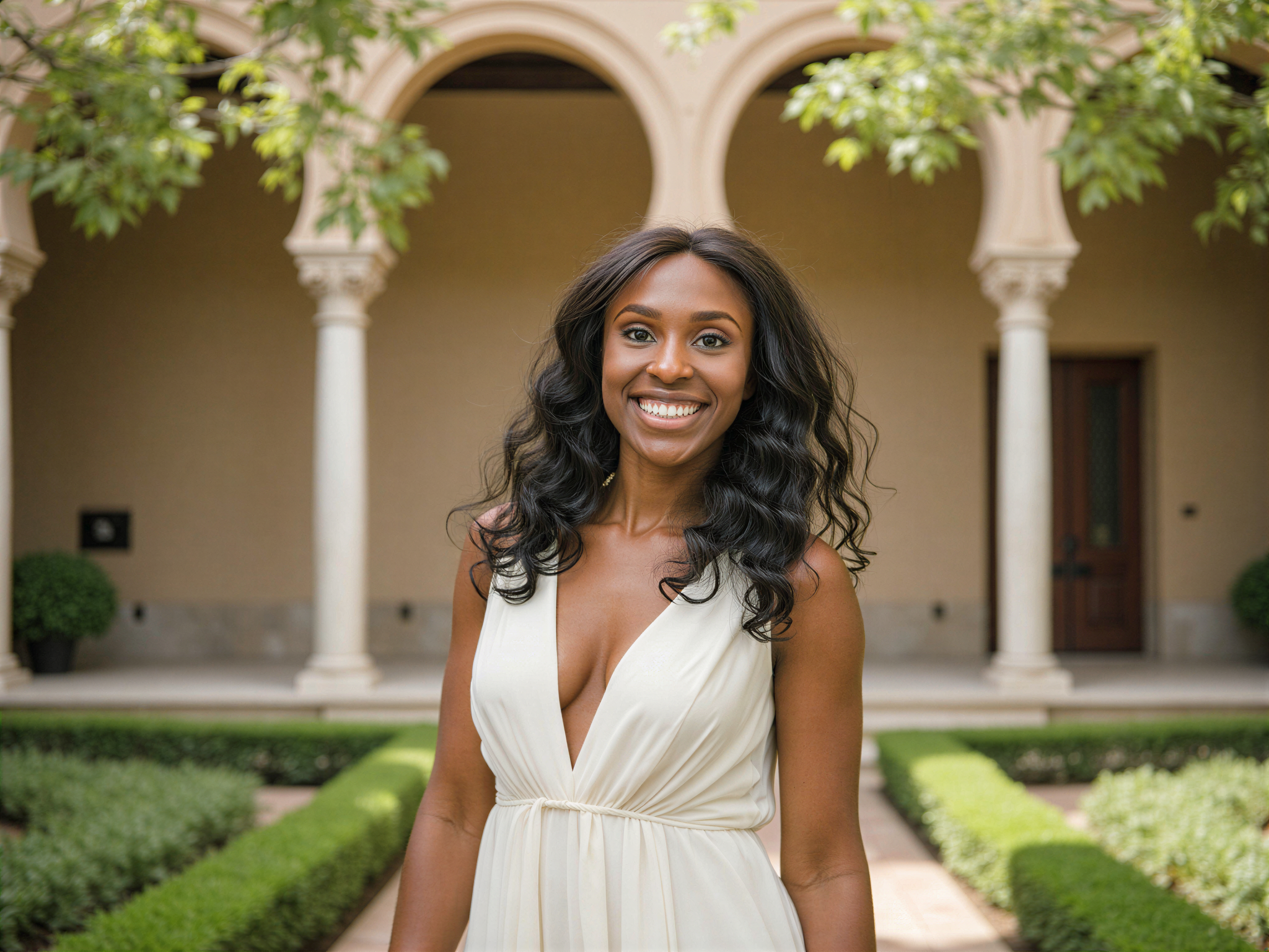 A joyful female figure, OD62S, aged 28, captured in a picturesque moment at the Alhambra in Granada. She wears an ethereal, flowing gown in soft ivory chiffon that dances around her with the gentle breeze, reflecting the historic beauty of the surroundings. The intricate architecture of the Alhambra serves as a stunning backdrop, with its stunning arches and vibrant gardens. Her hair cascades in soft waves, adorned with delicate floral accents that enhance her radiant smile. The sunlight filters through the trees, casting dappled shadows, creating a warm, inviting atmosphere that beautifully captures the essence of happiness and serenity in this enchanting setting.