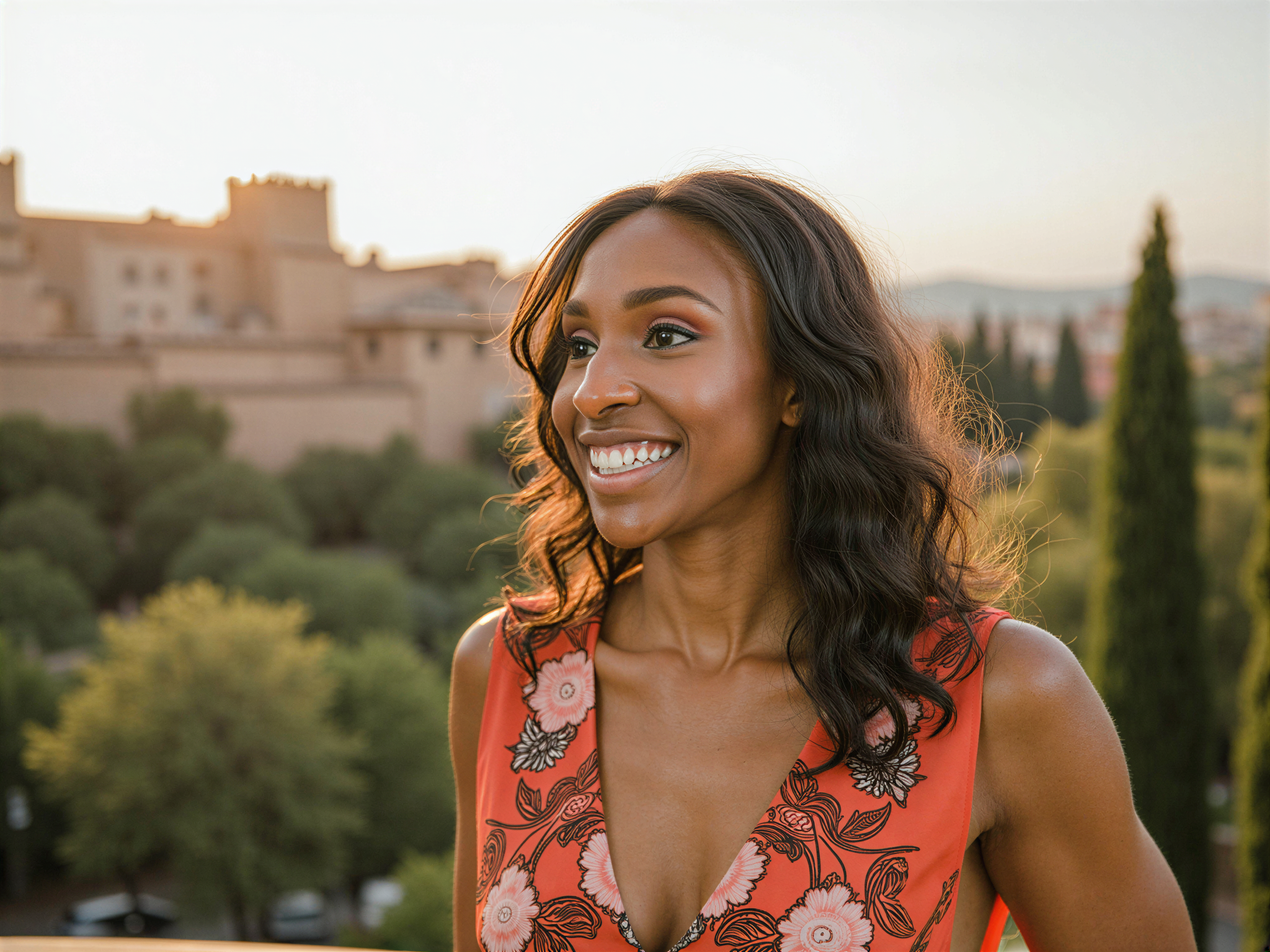 A joyful female, OD62S, aged 28, basking in the vibrant atmosphere of Granada. She wears a flowing, colorful maxi dress adorned with intricate floral patterns that echo the rich culture of the region. Her hair flows loosely in soft waves, catching the golden sunlight. The backdrop reveals Granada's iconic architecture and lush greenery, with the majestic Alhambra in the distance. Her exuberant smile and sparkling eyes radiate happiness, perfectly encapsulating the spirit of summer in a Mediterranean paradise. The image is infused with warm, golden tones, evoking a sense of joy and serenity, with soft natural lighting illuminating her face and creating a whimsical, enchanting scene.