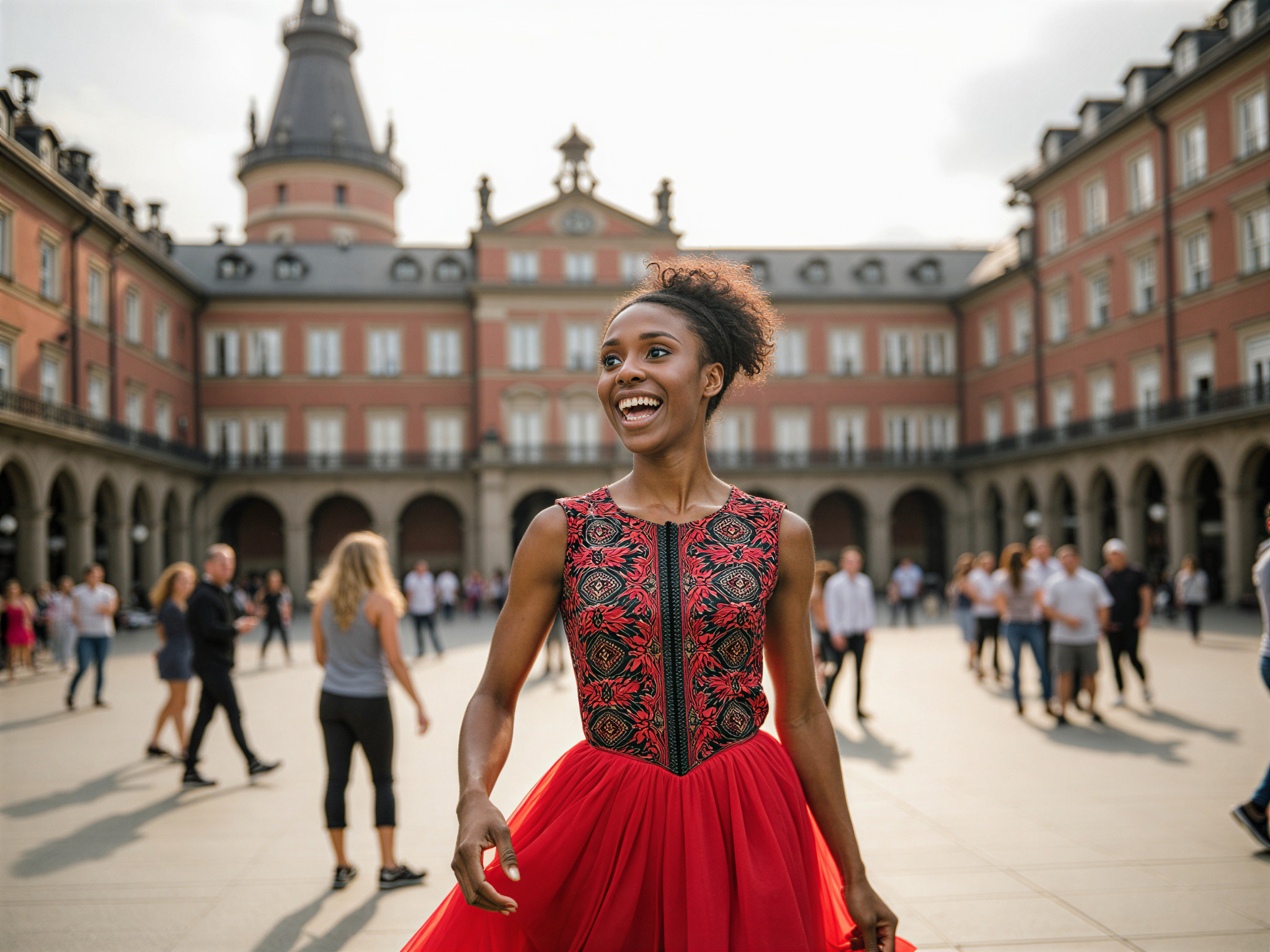 A joyful female, OD62S, aged 28, stands in the heart of Madrid's Plaza Mayor, radiating happiness. She is dressed in a vibrant, traditional Spanish dress with intricate embroidery and a wide, flouncy skirt, capturing the essence of Spanish culture. Her hair is styled in an elegant updo, adorned with a delicate mantilla comb. The sun casts a warm, golden glow, highlighting the architectural beauty of the plaza's historic buildings and the lively atmosphere. The image is a blend of cultural richness and personal joy, set against the backdrop of one of Madrid's most iconic landmarks.