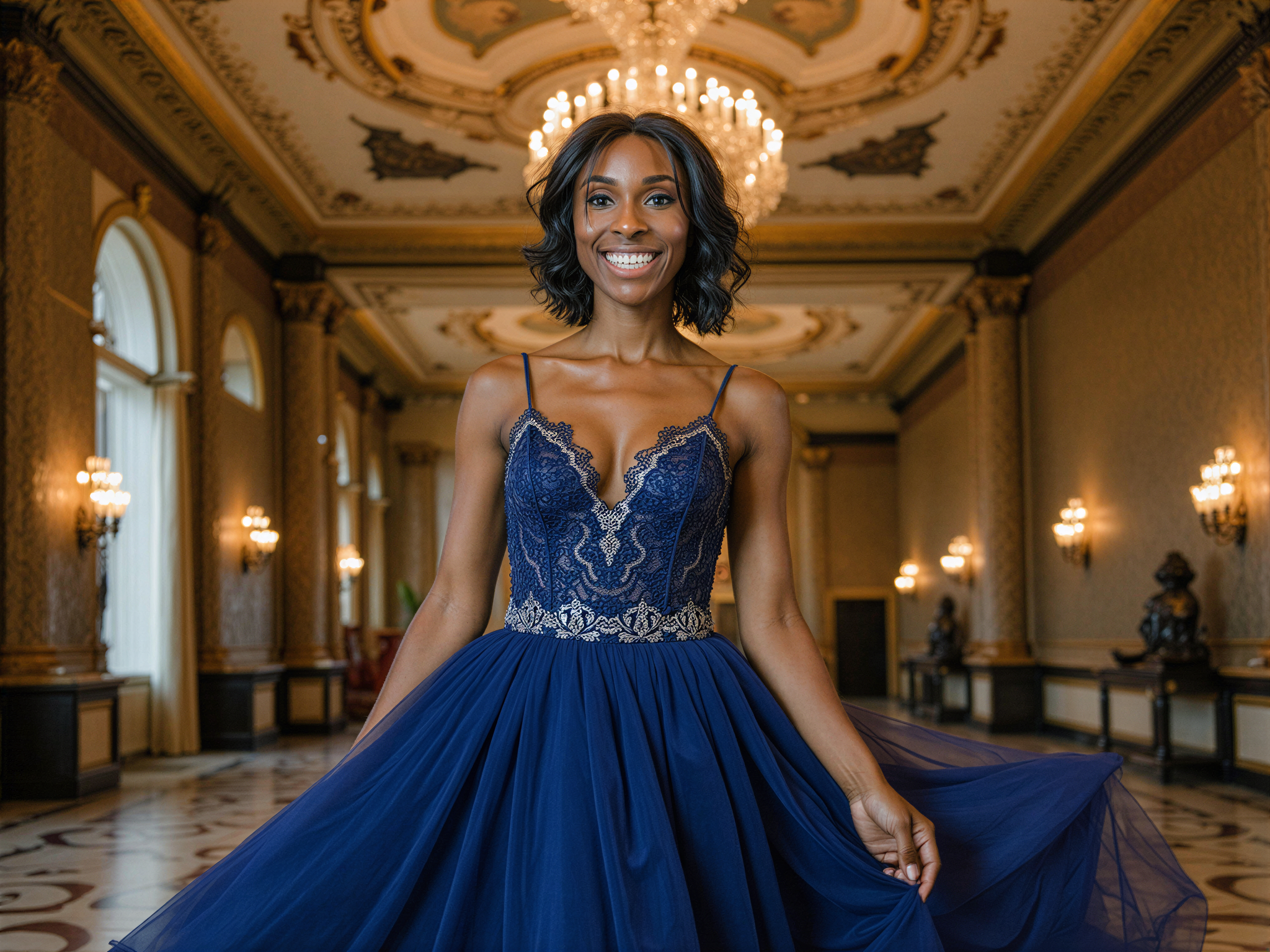A radiant 28-year-old female subject, OD62S, embodies the essence of royal elegance in a stunning gown, standing in a grand royal palace. The ornate surroundings feature gilded chandeliers and intricate frescoes, enveloping her in an atmosphere of luxury. She wears a flowing, sapphire blue gown with delicate lace details and shimmering accents that catch the light, evoking the graceful movement of a modern-day princess. Her joyous expression, complete with a warm smile, contrasts beautifully with the opulent backdrop, illuminating the scene with happiness. Soft, diffused lighting enhances her features, showcasing the richness of the setting in a photorealistic style, capturing the essence of royal grandeur and bliss.
