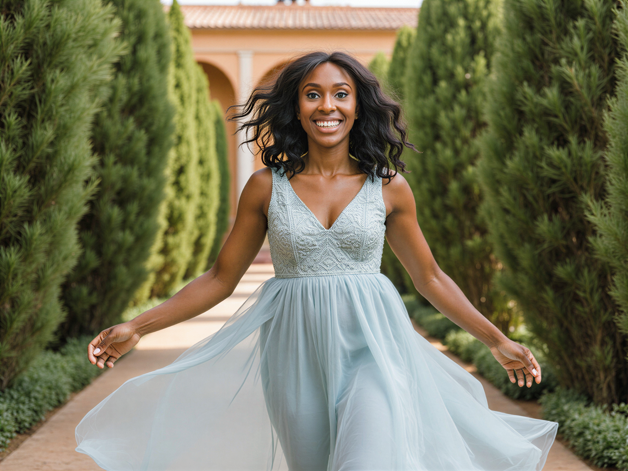 A joyful female figure, OD62S, aged 28, captured in a vibrant scene at the Alcázar of Seville. She wears a flowing, light blue chiffon dress that dances with the breeze, adorned with intricate embroidery reminiscent of traditional Andalusian motifs. Her hair flows in soft waves, adorned with delicate floral accessories that echo the lush gardens surrounding her. The sun shines brightly, casting a warm glow on her radiant smile, as she twirls gracefully amidst the lush greenery and ornate tiles that embody the architectural beauty of the Alcázar. The composition emphasizes her elation and the enchanting atmosphere of the historical location, creating a rich narrative of joy and cultural richness.