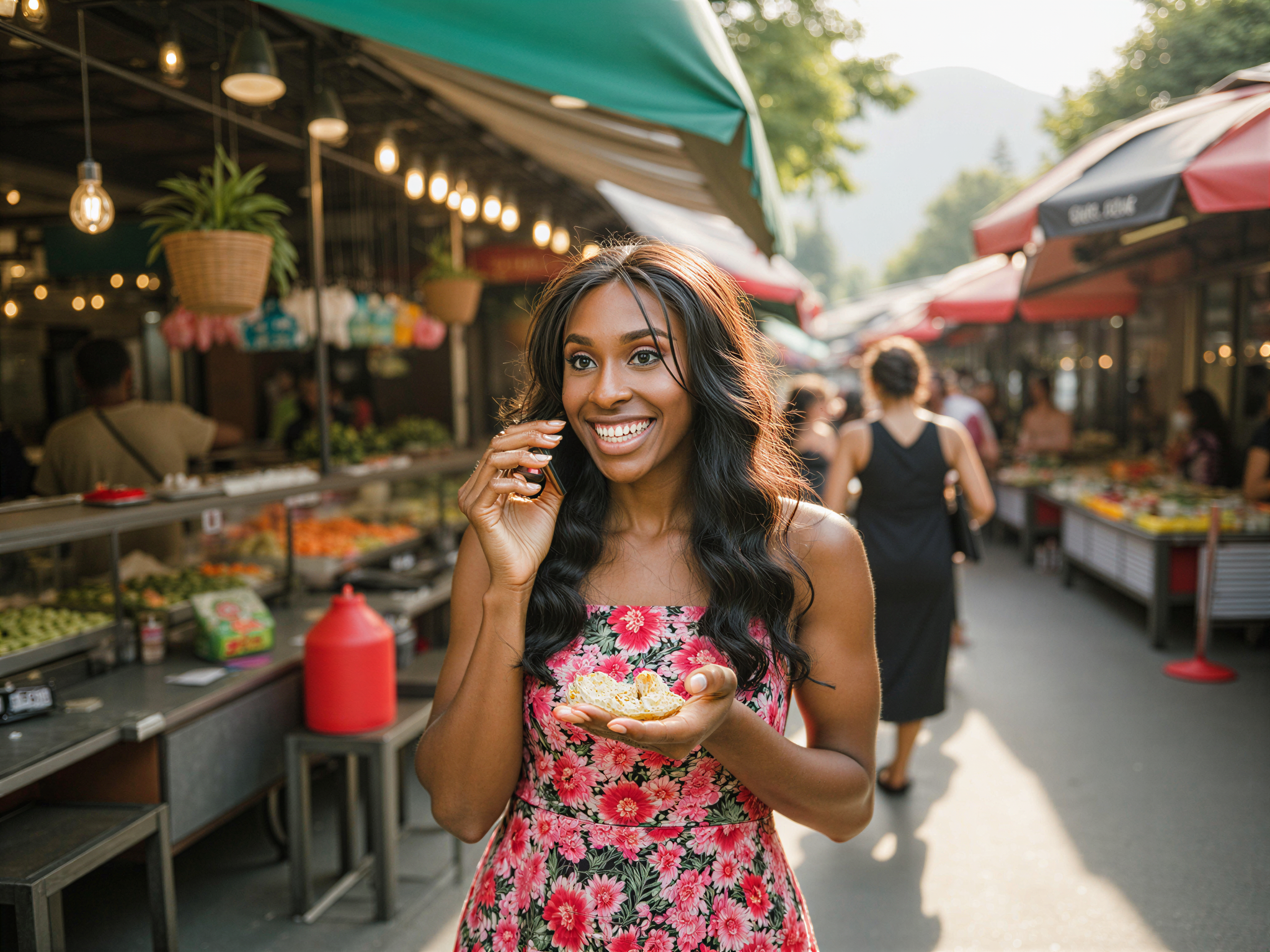 A vibrant street scene in Bangkok featuring a joyful female subject, OD62S, aged 28. She is dressed in a flowing maxi dress adorned with colorful tropical prints, reflecting the lively energy of the city. The background is a bustling market filled with colorful stalls and vibrant flowers, capturing the essence of local culture. Sunlight filters through the trees, casting a warm, golden glow on her spirited expression as she enjoys a local delicacy. The composition is dynamic, conveying happiness and a sense of adventure, embodying the charm of Bangkok in every detail.