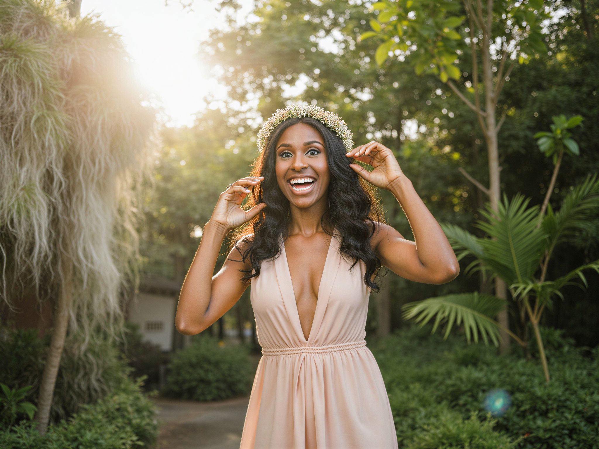 A joyful female figure, OD62S, aged 28, poses vibrantly amidst the lush landscapes of Chiang Mai, Thailand. She wears a flowing, light-colored maxi dress with delicate floral patterns, embodying the carefree spirit of tropical elegance. The sunlight filters through the leafy canopy overhead, creating a warm glow that highlights her radiant smile and playful demeanor. Her hair is styled in loose waves, adorned with a floral crown, capturing the essence of cheerful exploration in this exotic paradise. The background features mesmerizing Thai architecture and cascading greenery, evoking a sense of serenity and blissful happiness, perfect for a travel editorial shoot.