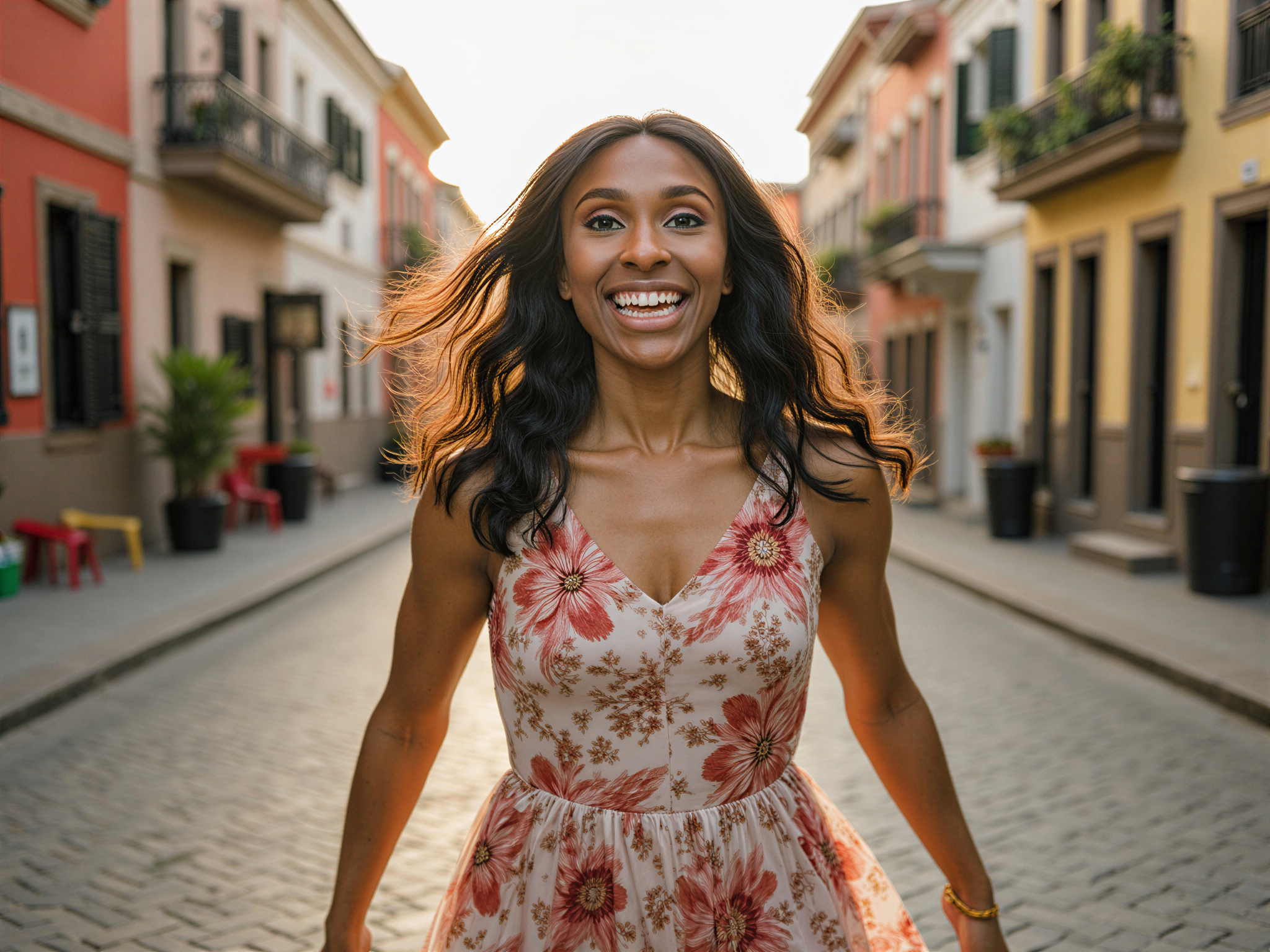 A joyful female figure, OD62S, aged 28, captured in the vibrant streets of an Old City, exuding an infectious happiness. She wears a flowy, summer dress adorned with floral patterns that echo the historic charm of her surroundings. Her hair flows freely, catching the sunlight, adding to her carefree spirit. The cobblestone streets and aged architecture surround her, painted in warm hues. A hint of laughter brightens her expression as she twirls, embodying the essence of youth and exploration. The composition uses soft, golden hour lighting to create a warm and inviting atmosphere, enhancing the joyful mood of the scene.