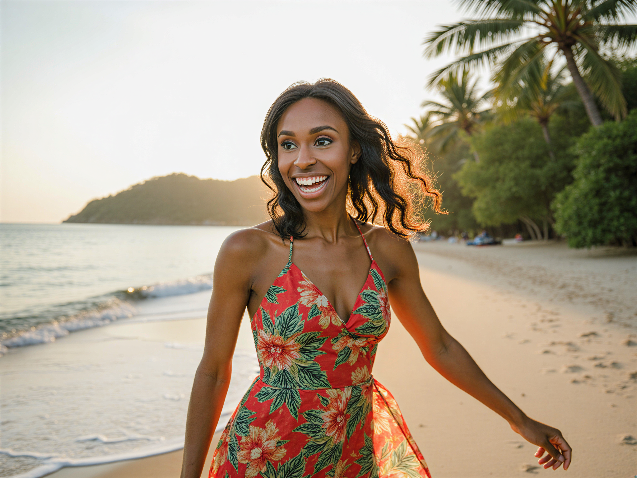 A joyful female, OD62S, aged 28, standing on the picturesque shores of Phuket. She radiates happiness as she twirls in a flowing, bohemian-inspired maxi dress adorned with vibrant tropical patterns. The dress catches the gentle sea breeze, creating a sense of movement and freedom. Her sun-kissed skin glows under the warm, golden light of a setting sun, accentuating her playful smile and glowing eyes. The azure waves lap softly at her feet, and lush palm trees sway in the background, framing this idyllic moment of bliss in paradise. Captured in a bright, airy style, the image embodies the essence of joy, beauty, and the serene escape of a tropical locale.