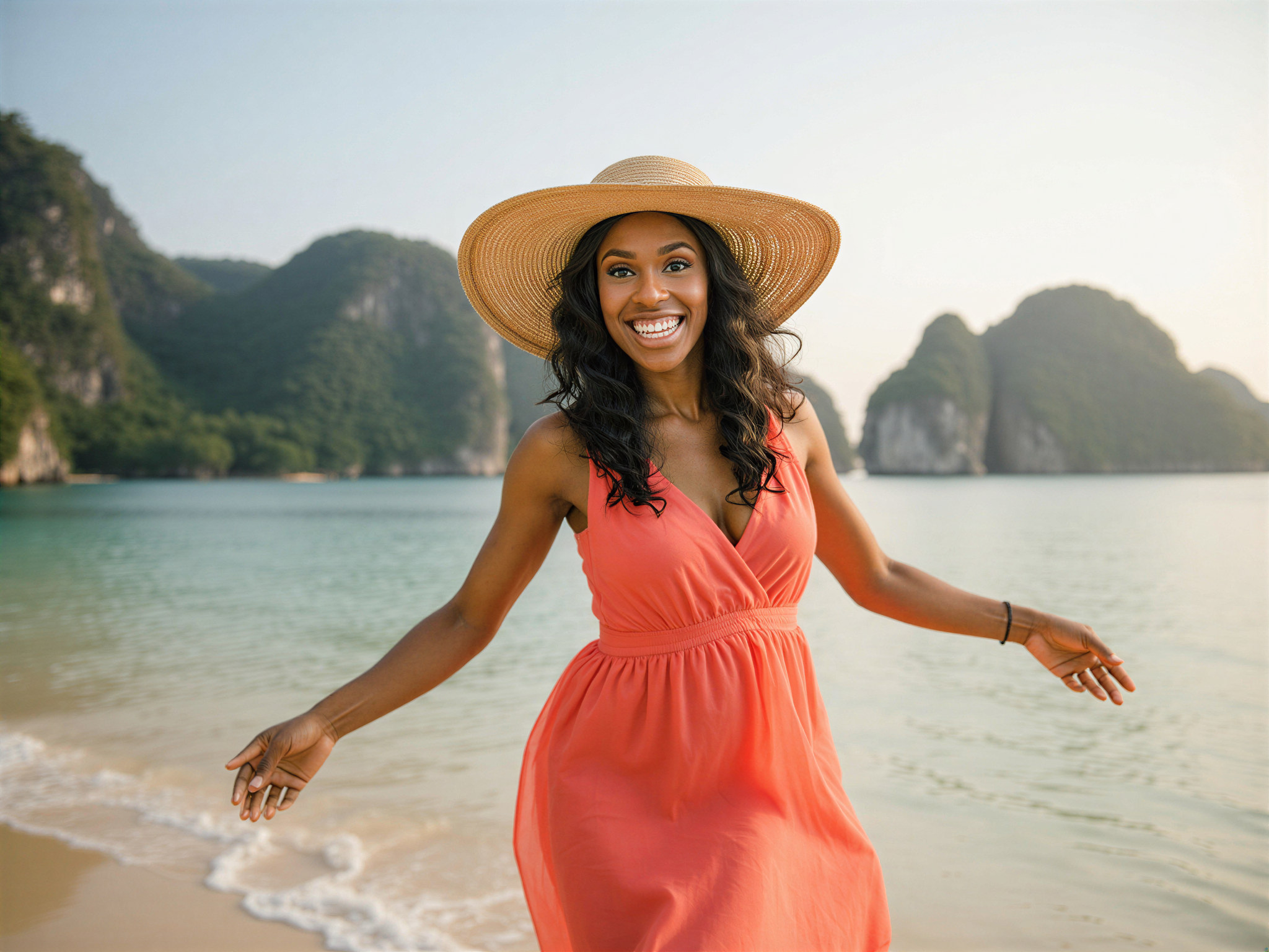 A joyful female figure, OD62S, aged 28, embodies the vibrant spirit of a tropical paradise in Phang Nga Bay. She is captured in an airy, flowy sundress made of lightweight chiffon, adorned in a soft coral hue, dancing playfully along the beach. Her hair cascades in carefree waves while a wide-brimmed straw hat shields her radiant face from the sun. The stunning limestone karsts rise dramatically in the background, bathed in the golden light of late afternoon, complementing her happiness. The scene is filled with dynamic movement; her arms outstretched as if inviting the viewer to join her in this idyllic escape. The composition is bright and inviting, with natural light enhancing the warmth of the moment, evoking feelings of joy and serenity in a picturesque setting.