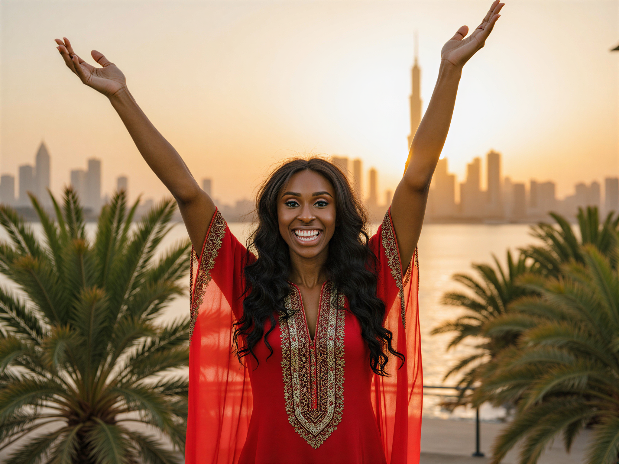 A joyful female, OD62S, aged 28, captured in a vibrant scene in Abu Dhabi. She wears a flowing, colorful kaftan with intricate embroidery, reflecting traditional Middle Eastern elegance. The sun sets behind the iconic skyline, casting warm golden hues that illuminate her radiant smile. Surrounding her are lush palm trees and a hint of desert landscape, with the shimmering water of the Arabian Gulf in the backdrop. Her pose is dynamic, arms raised in celebration, exuding happiness and a sense of freedom, perfectly encapsulating the spirit of Abu Dhabi in a fashion-forward editorial shot.
