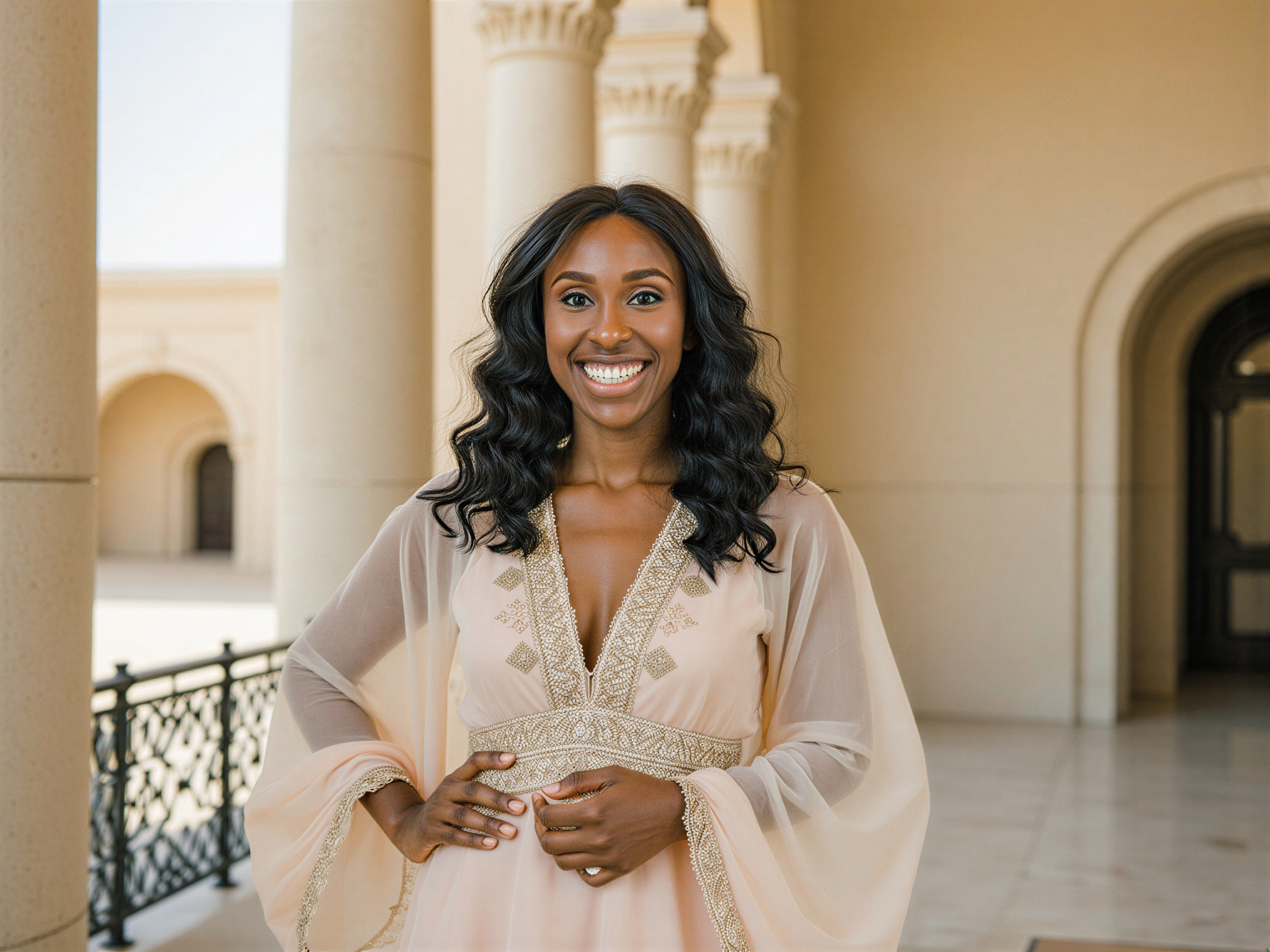 A joyful female individual, OD62S, aged 28, is depicted against the majestic backdrop of Qasr Al Watan, the Presidential Palace in Abu Dhabi. She wears a flowing, lightweight abaya adorned with intricate embroidery, capturing the elegance of traditional Emirati fashion. The soft morning light bathes her in a warm glow, accentuating her radiant smile. Her hair cascades in soft waves, framing her face, while she playfully poses with one hand resting on her hip and the other gently touching the ornate architecture around her. The composition showcases the grandeur of the palace, highlighting her connection to the rich cultural heritage. The atmosphere is filled with happiness and celebration, perfectly reflecting the beauty of the setting and her spirited presence.