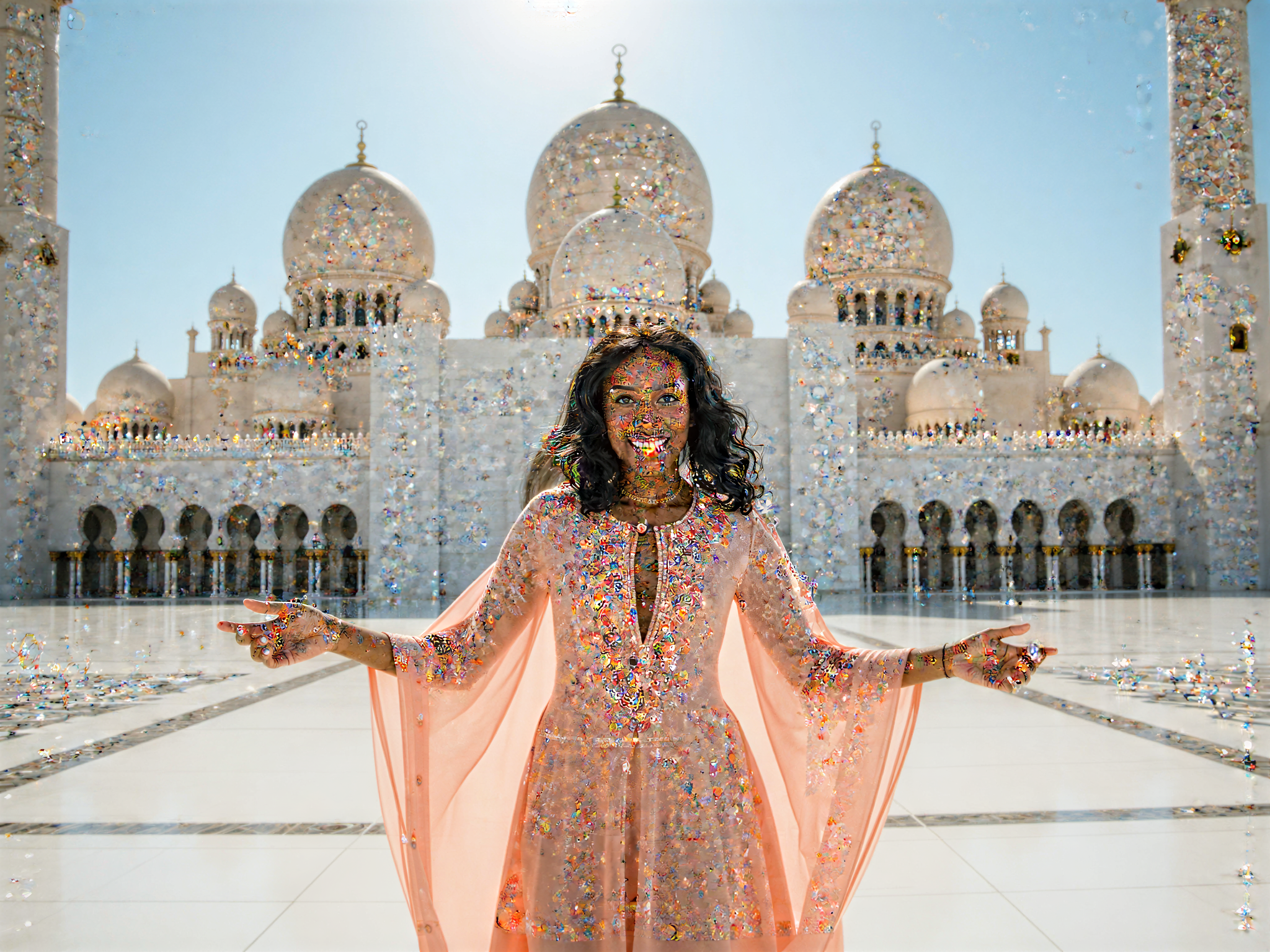 A radiant female figure, OD62S, aged 28, standing with joy at the magnificent Sheikh Zayed Mosque in Abu Dhabi. She wears a flowing, pastel-colored abaya adorned with delicate embroidery, reflecting the intricate artistry of the mosque's architecture. The sunlight bathes her in a warm glow, highlighting her expressive smile and vibrant spirit. The majestic domes and ornate pillars serve as a stunning backdrop, capturing a sense of cultural celebration and harmony. Her body language is open, with arms slightly extended as if embracing the beauty around her. The composition is lively and uplifting, evoking happiness and the joy of cultural immersion, framed with the bright blue sky and intricate tile work of the mosque. This image embodies a moment of blissful serenity within an architectural masterpiece.